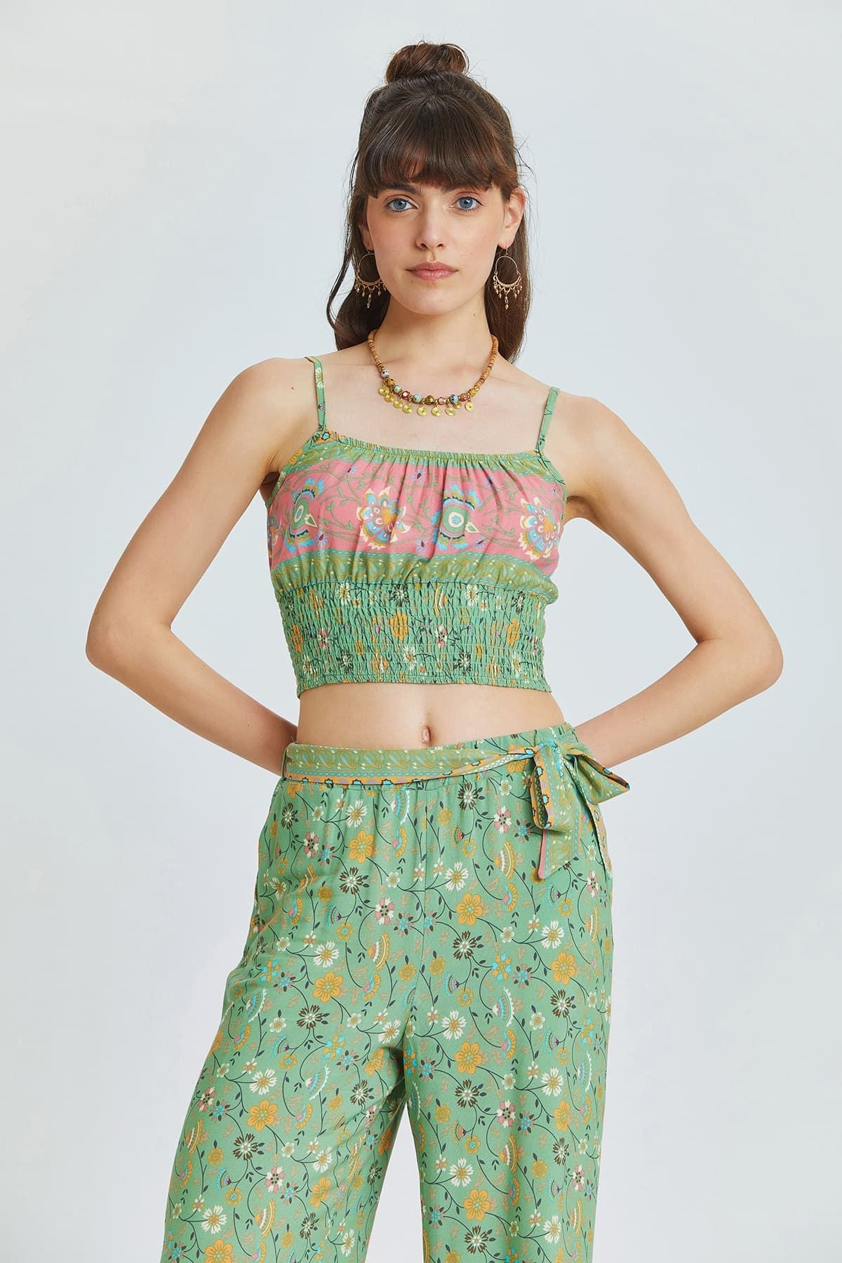 Green Floral Viscose Crop Blouse with Lace Details