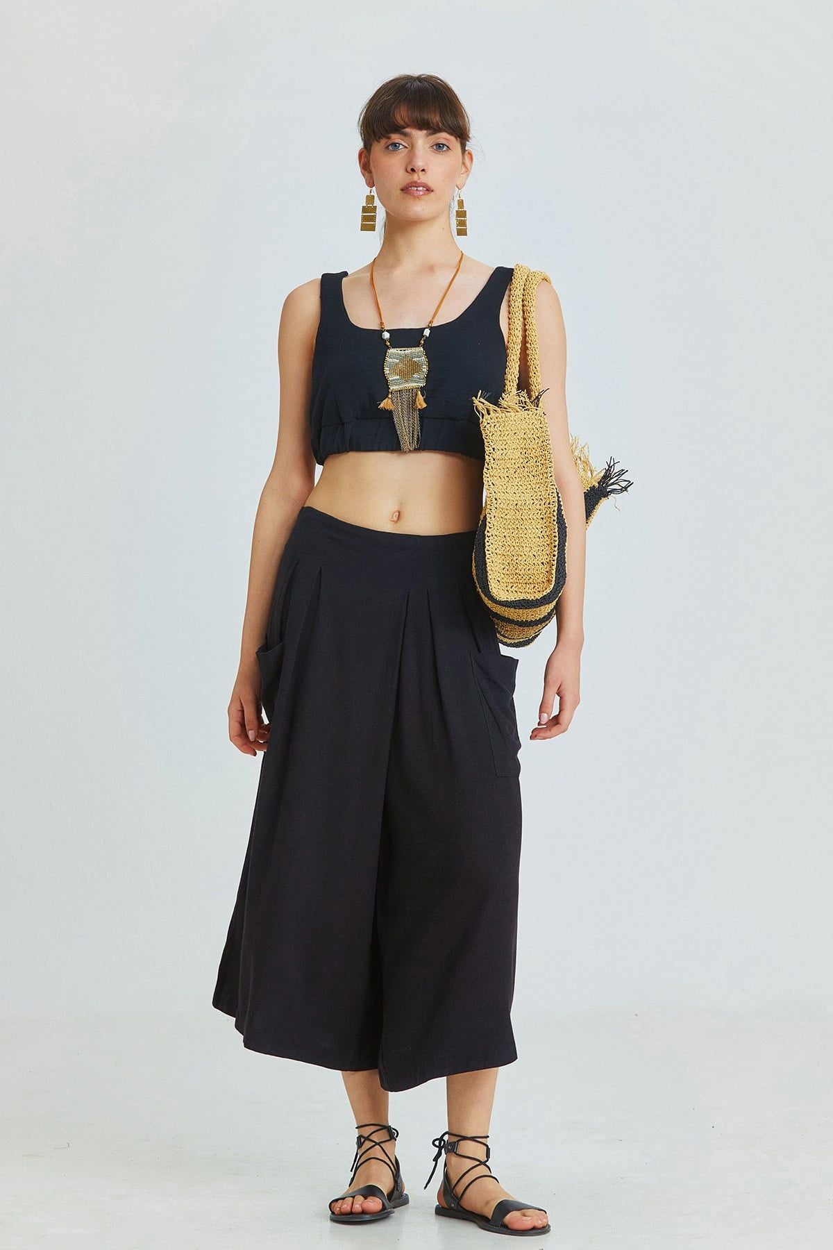 Black Muslin Bohemian Crop Blouse with Pool Neckline and V-Back