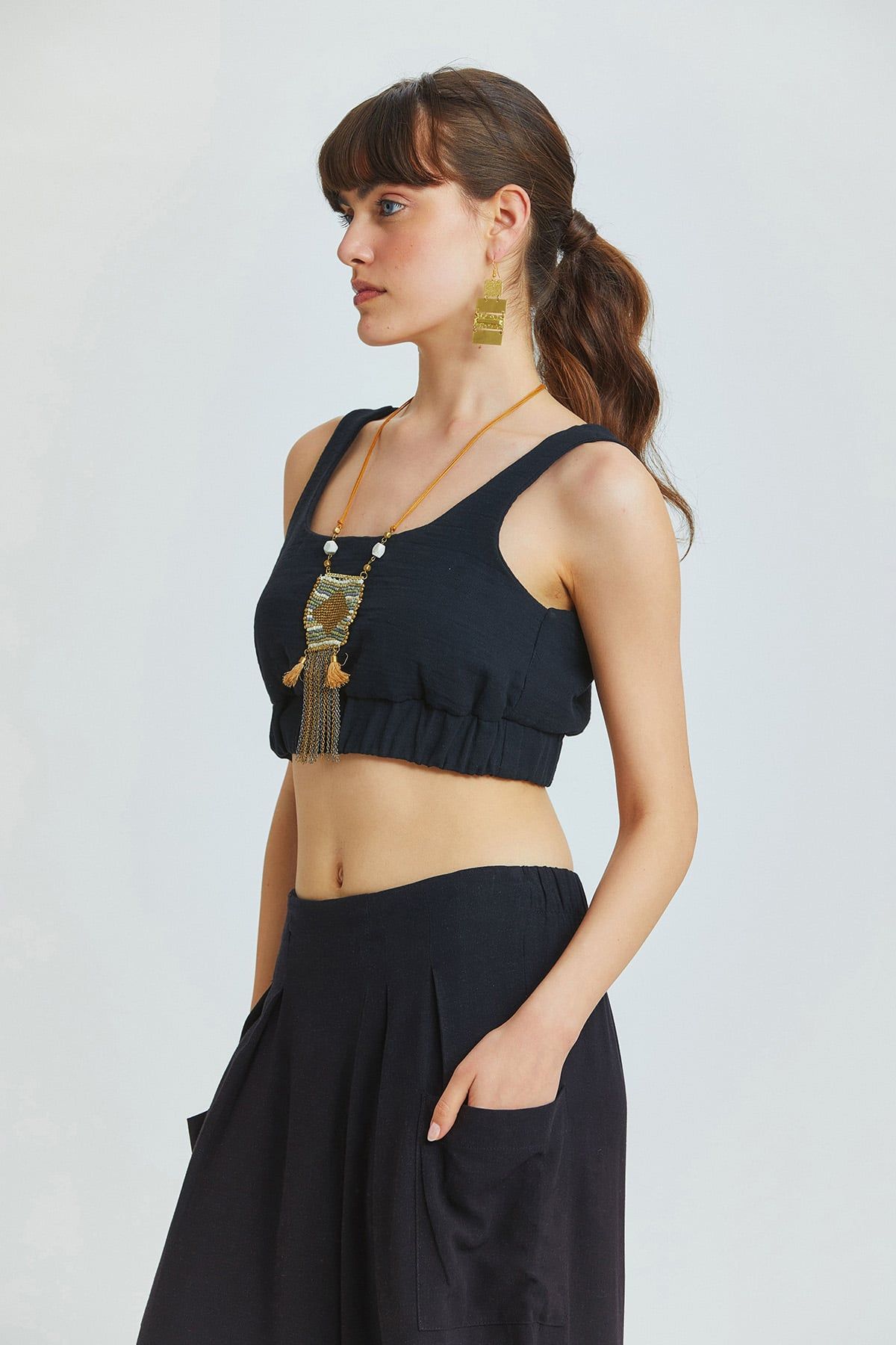 Black Muslin Bohemian Crop Blouse with Pool Neckline and V-Back