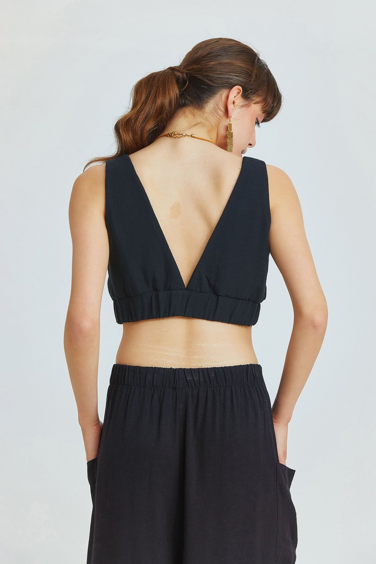 Black Muslin Bohemian Crop Blouse with Pool Neckline and V-Back