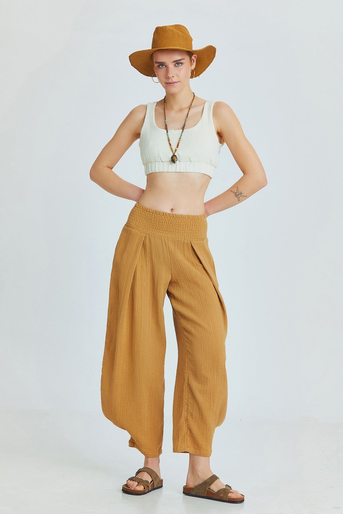 Beige Muslin Bohemian Crop Blouse with Pool Neckline and V-Back