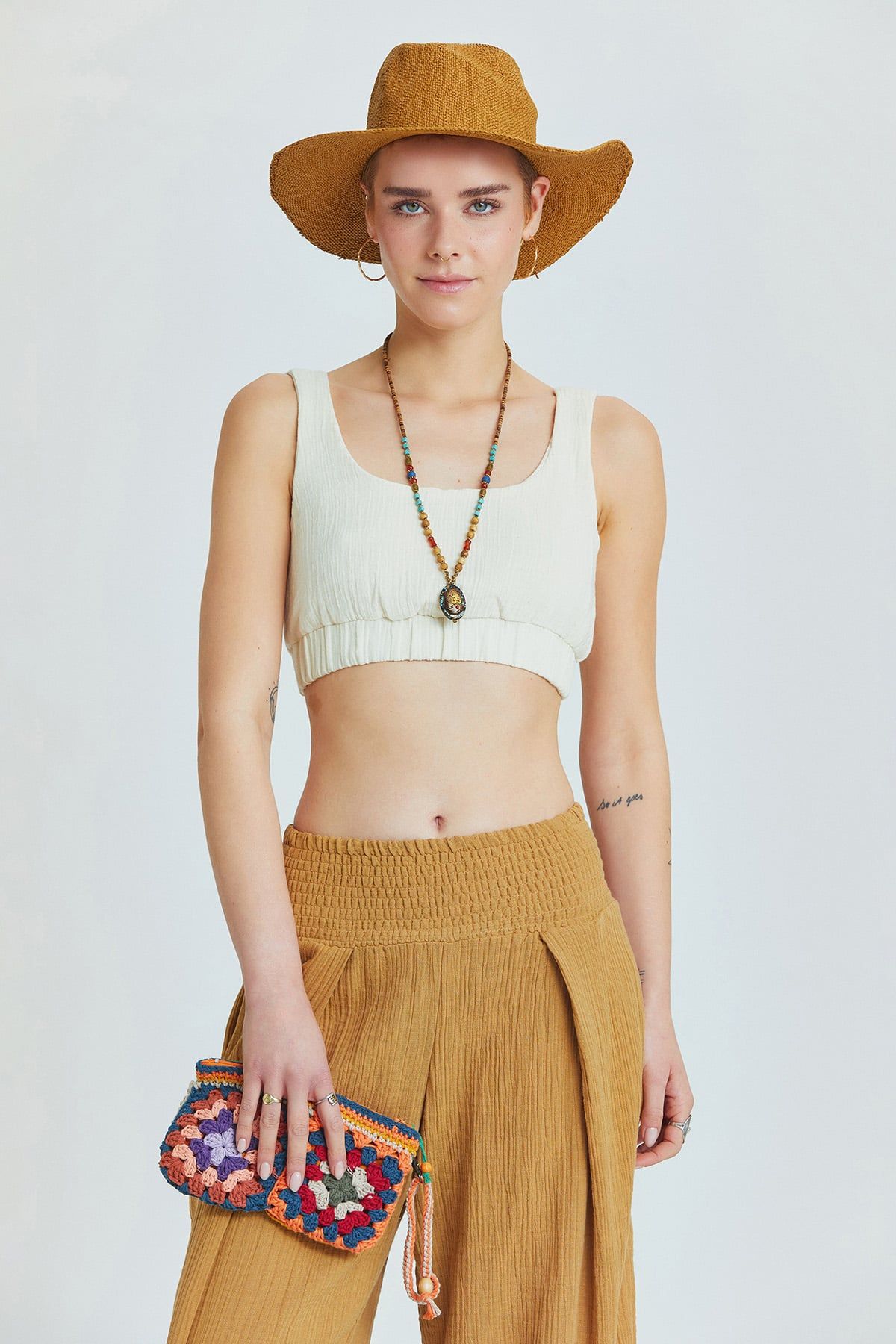 Beige Muslin Bohemian Crop Blouse with Pool Neckline and V-Back