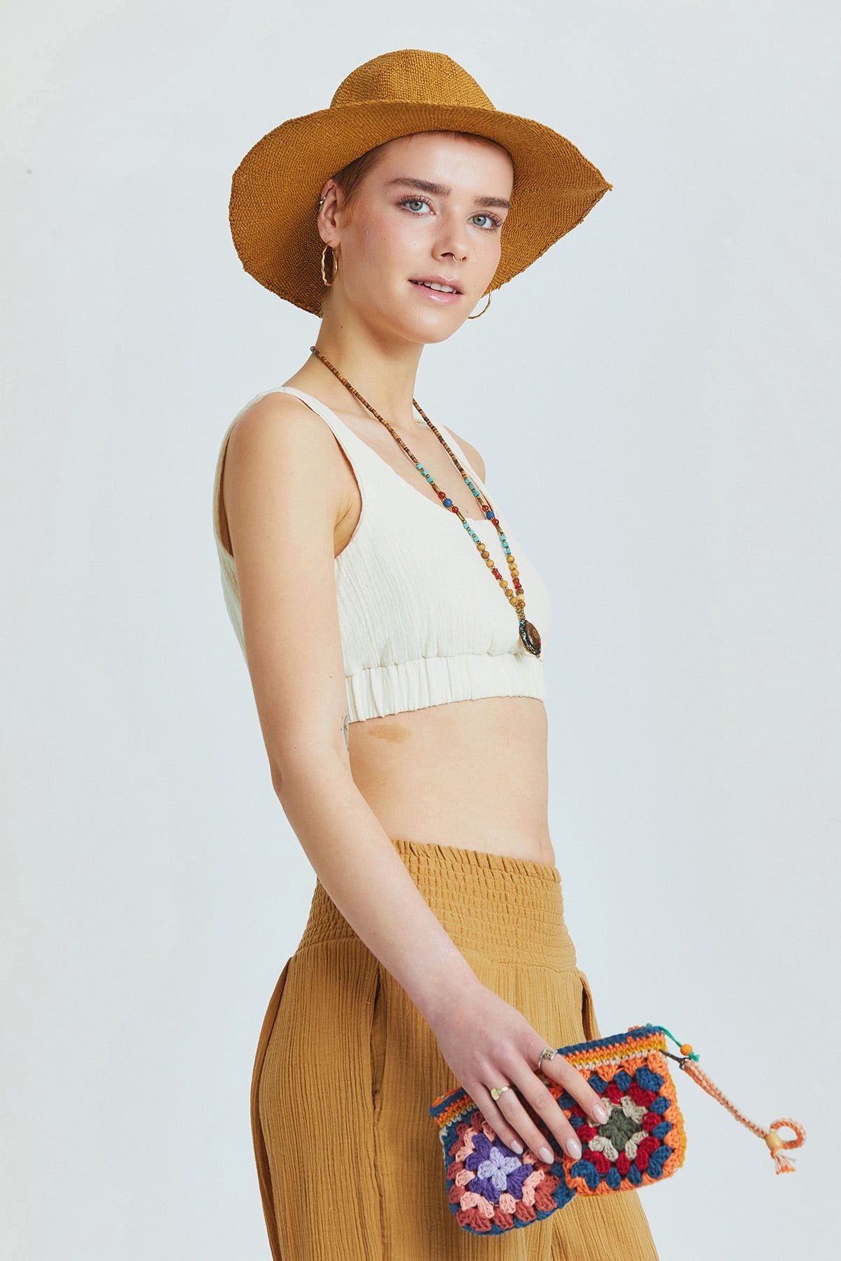 Beige Muslin Bohemian Crop Blouse with Pool Neckline and V-Back