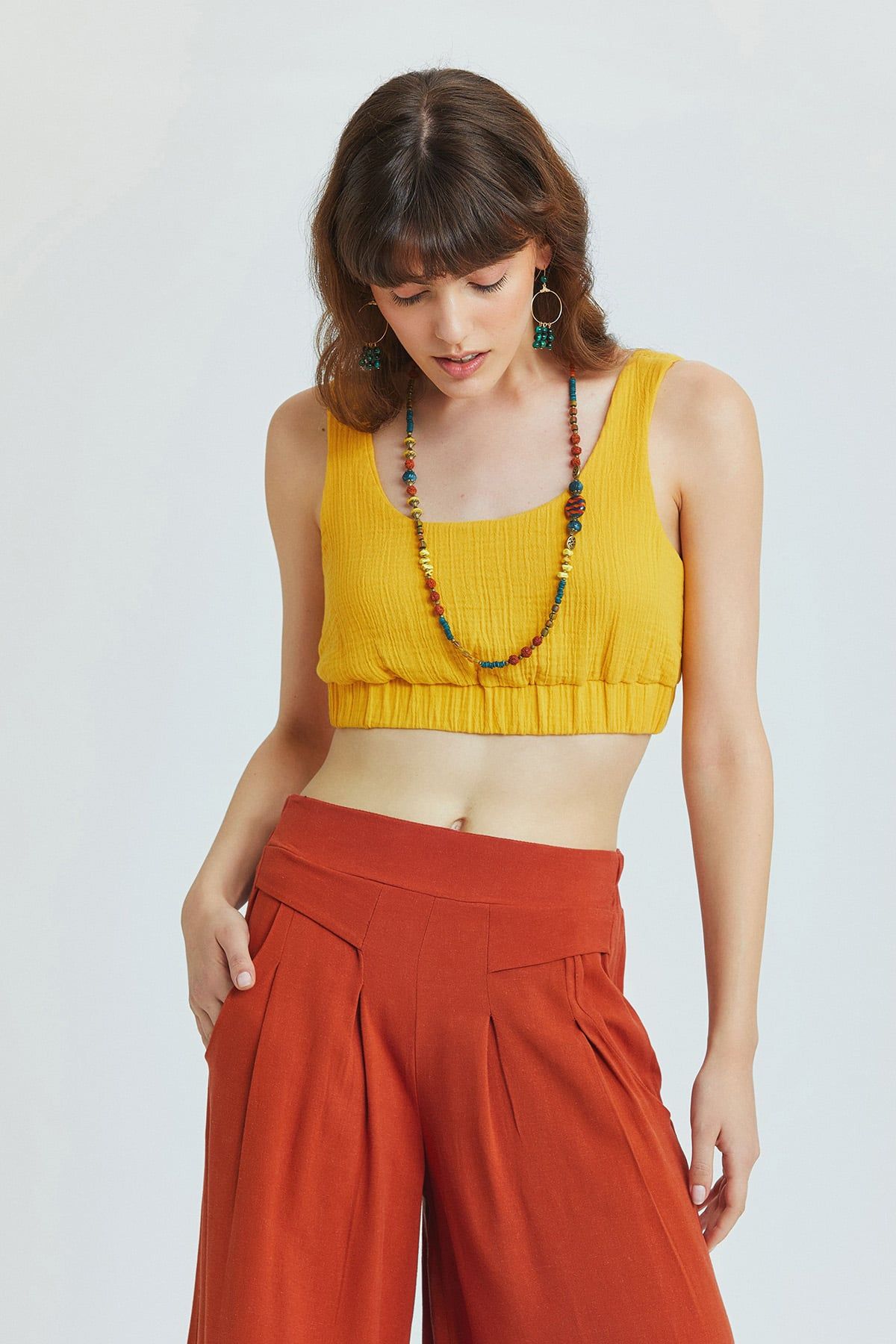 Mustard Muslin Bohemian Crop Blouse with Pool Neckline and V-Back