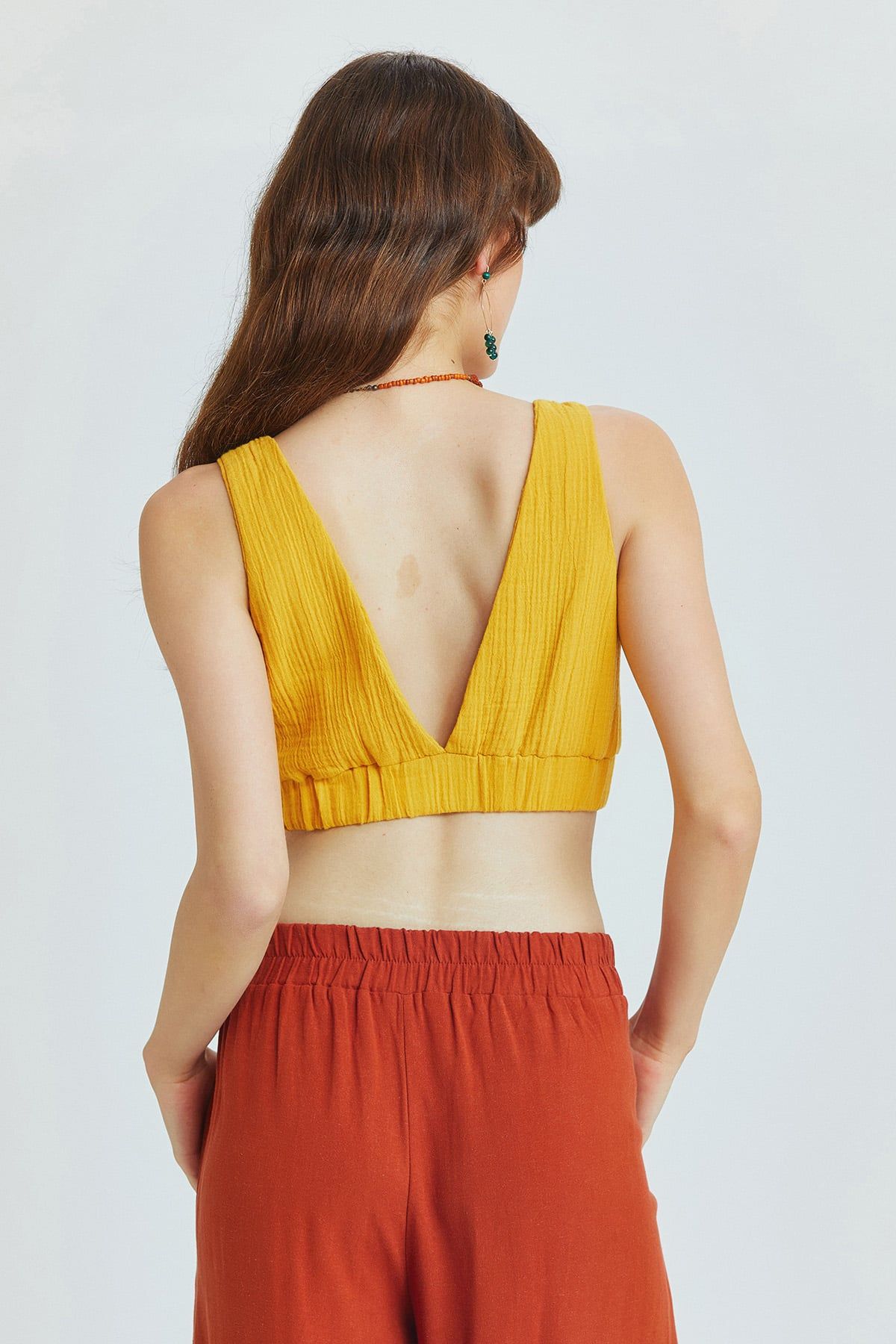 Mustard Muslin Bohemian Crop Blouse with Pool Neckline and V-Back