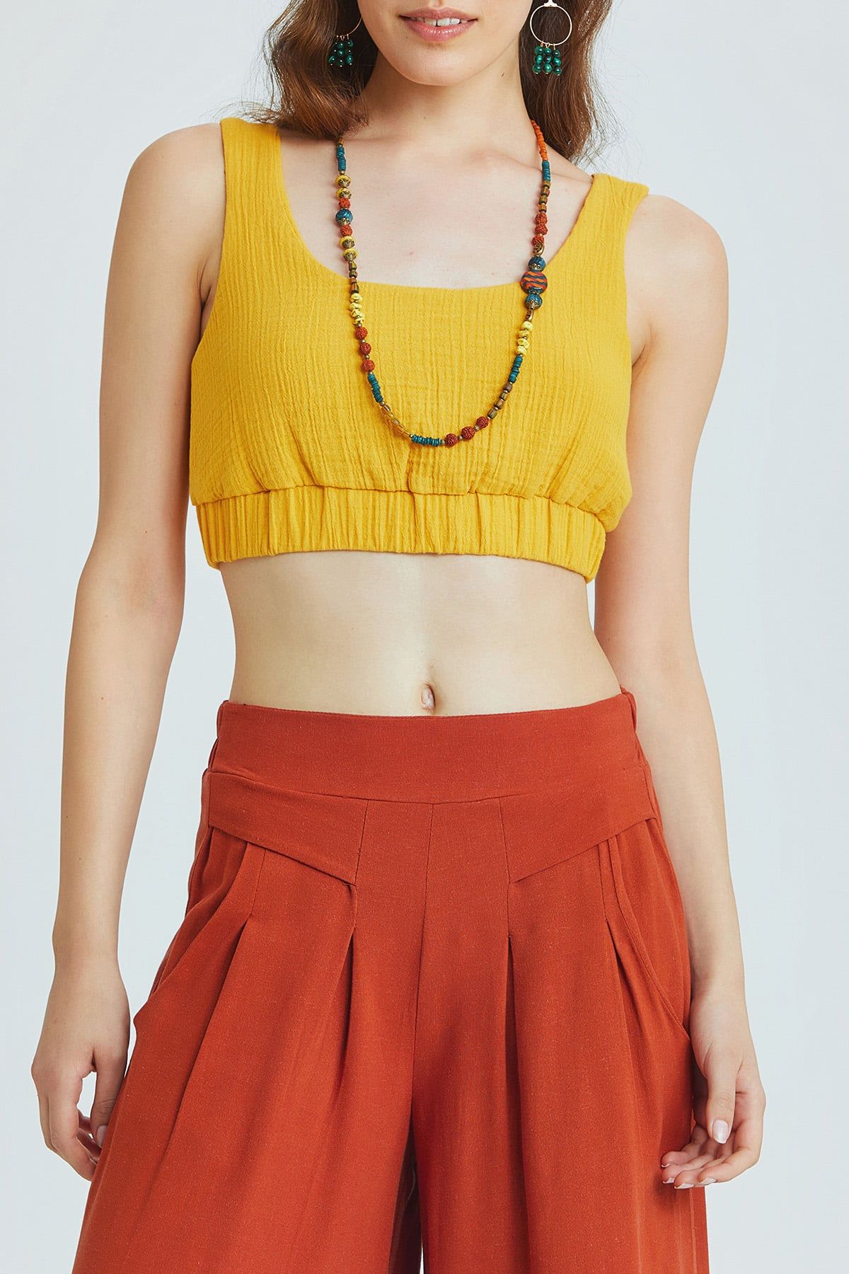 Mustard Muslin Bohemian Crop Blouse with Pool Neckline and V-Back