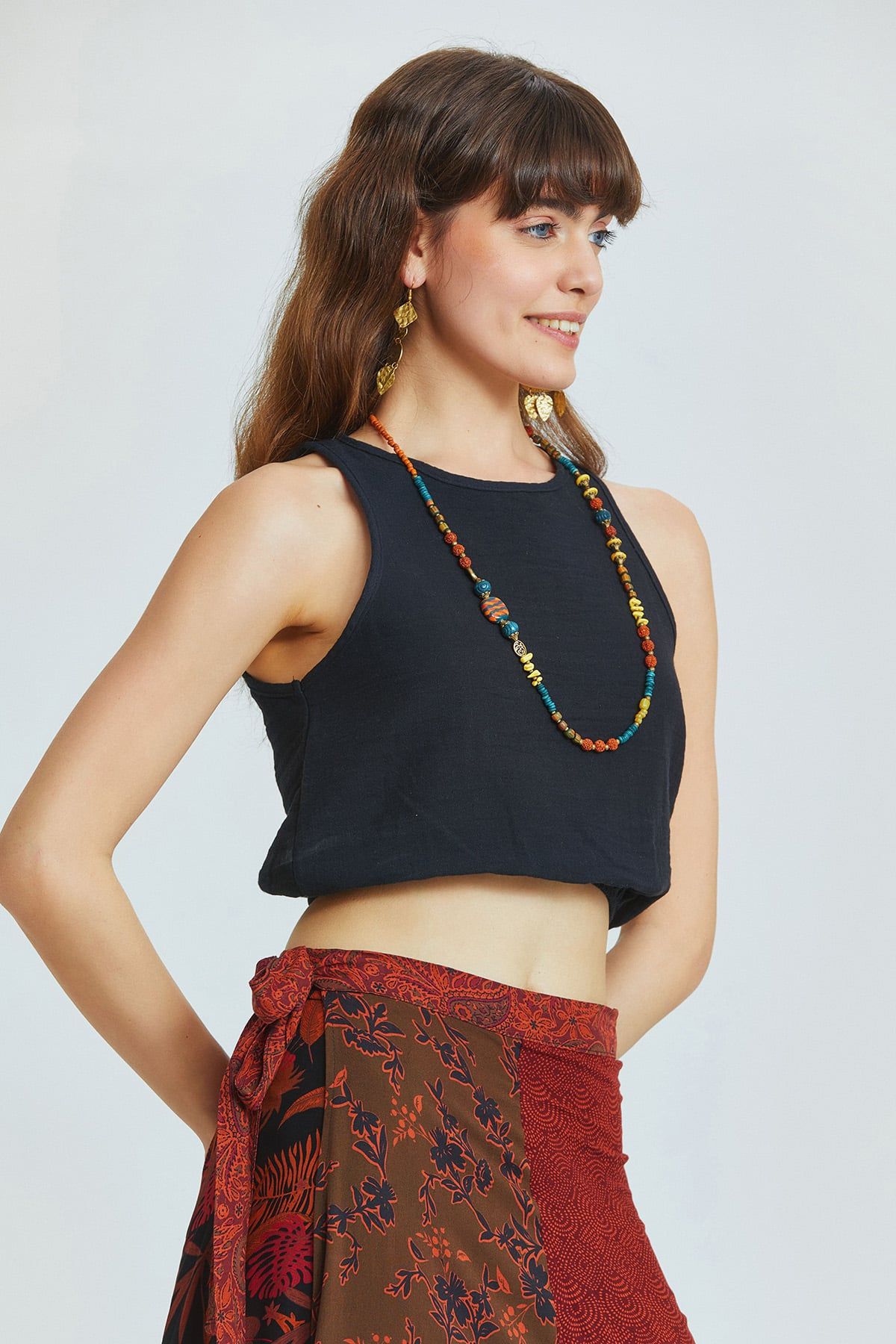 Black Muslin Crop Top with Halter Neck and Elastic Hem