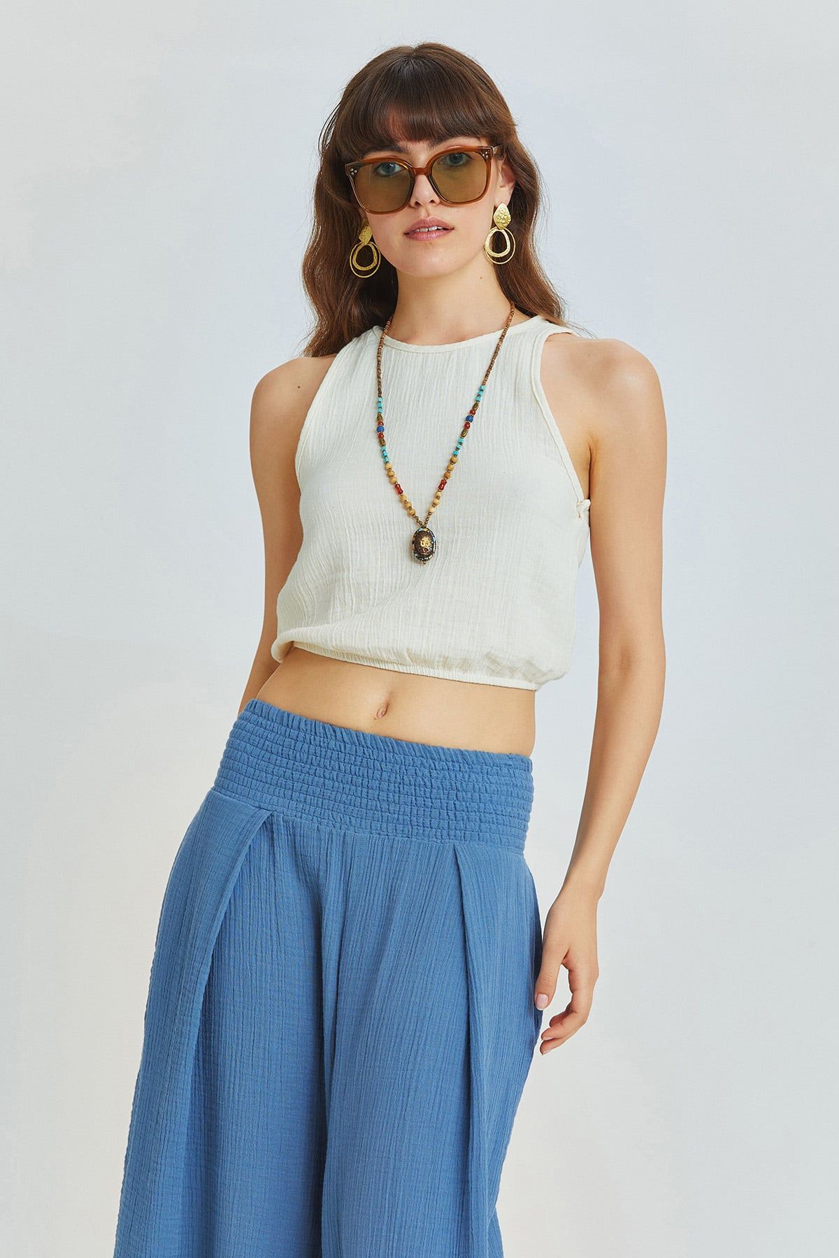 Beige Muslin Crop Top with Halter Neck and Elastic Hem