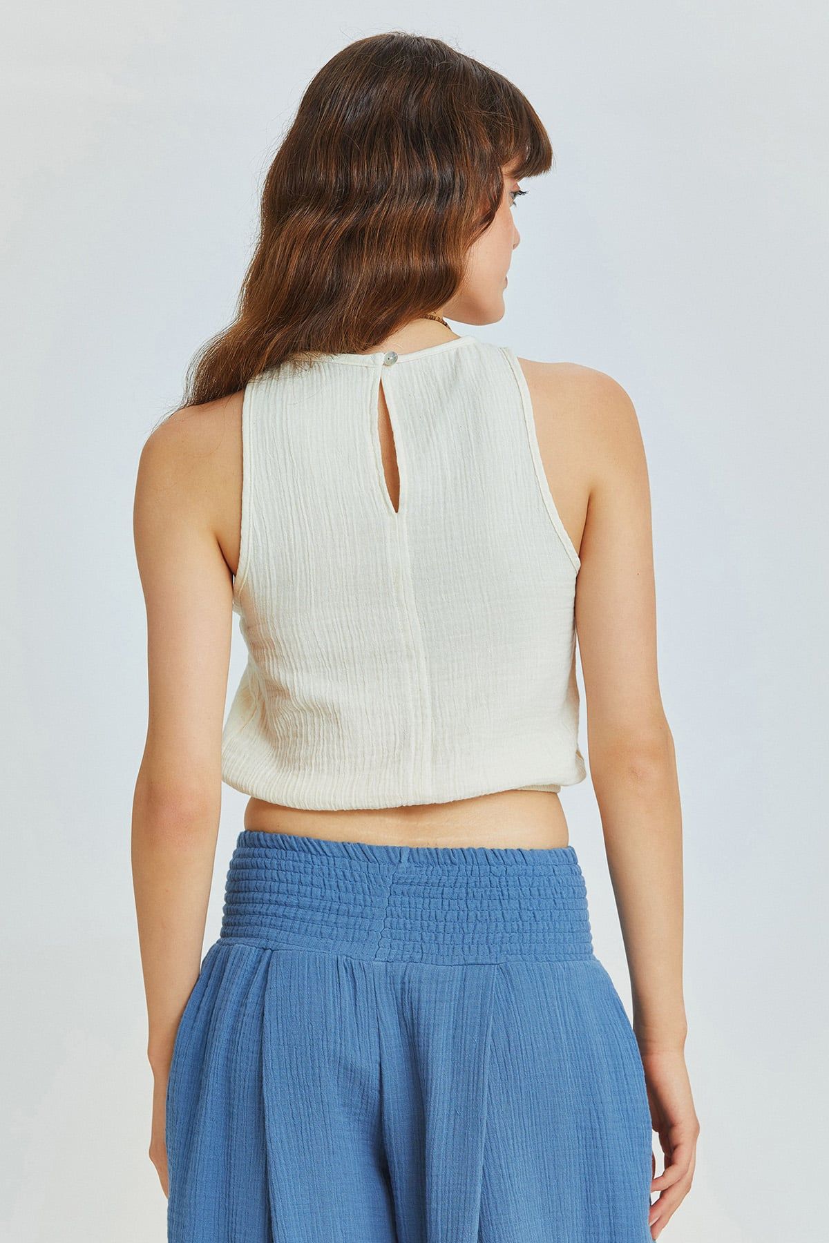 Beige Muslin Crop Top with Halter Neck and Elastic Hem