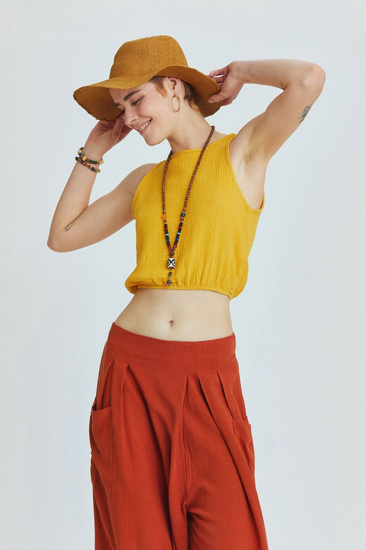 Mustard Muslin Crop Top with Halter Neck and Elastic Hem