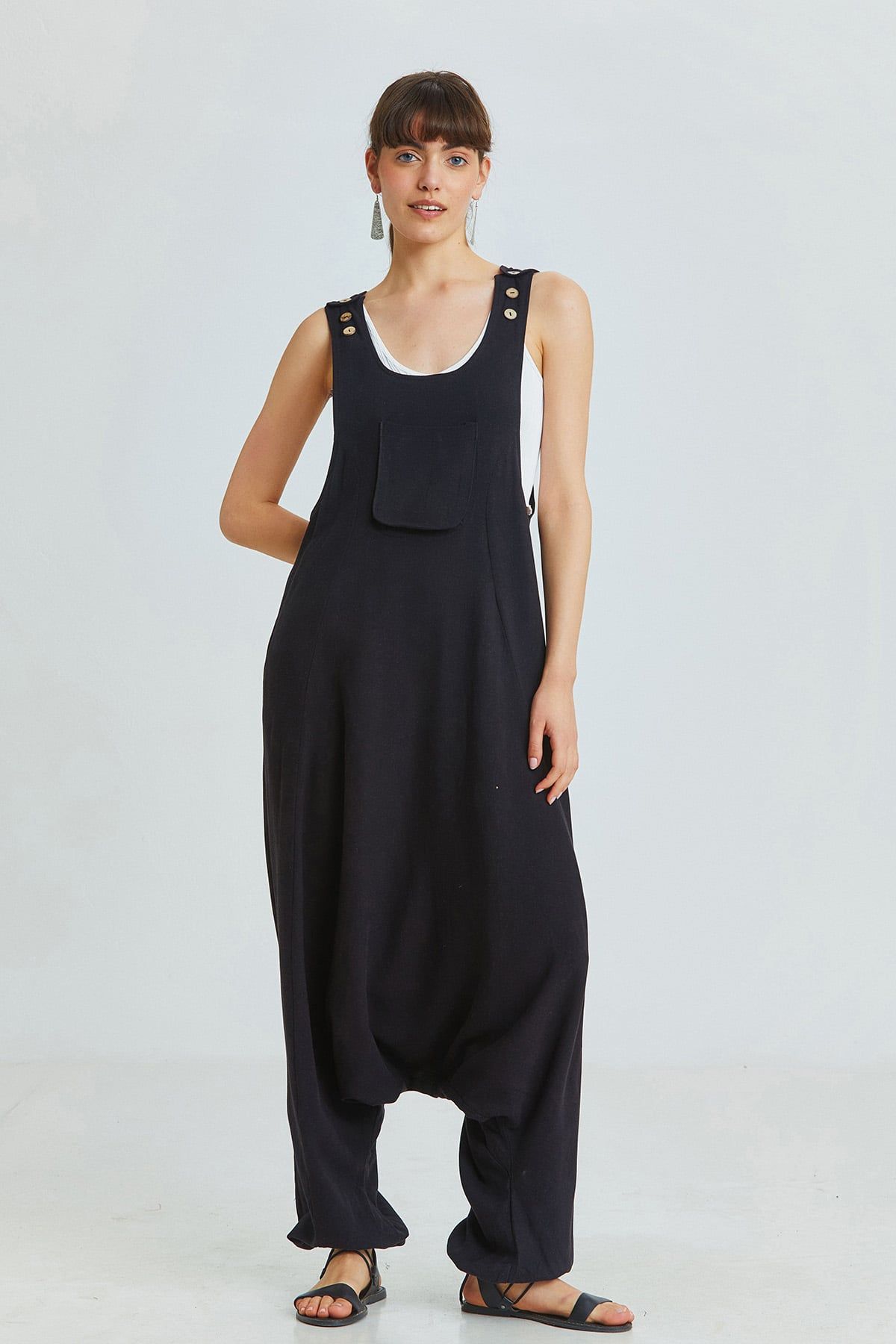 Black Viscose-Linen Bohemian Harem Jumpsuit with Shoulder Buttons