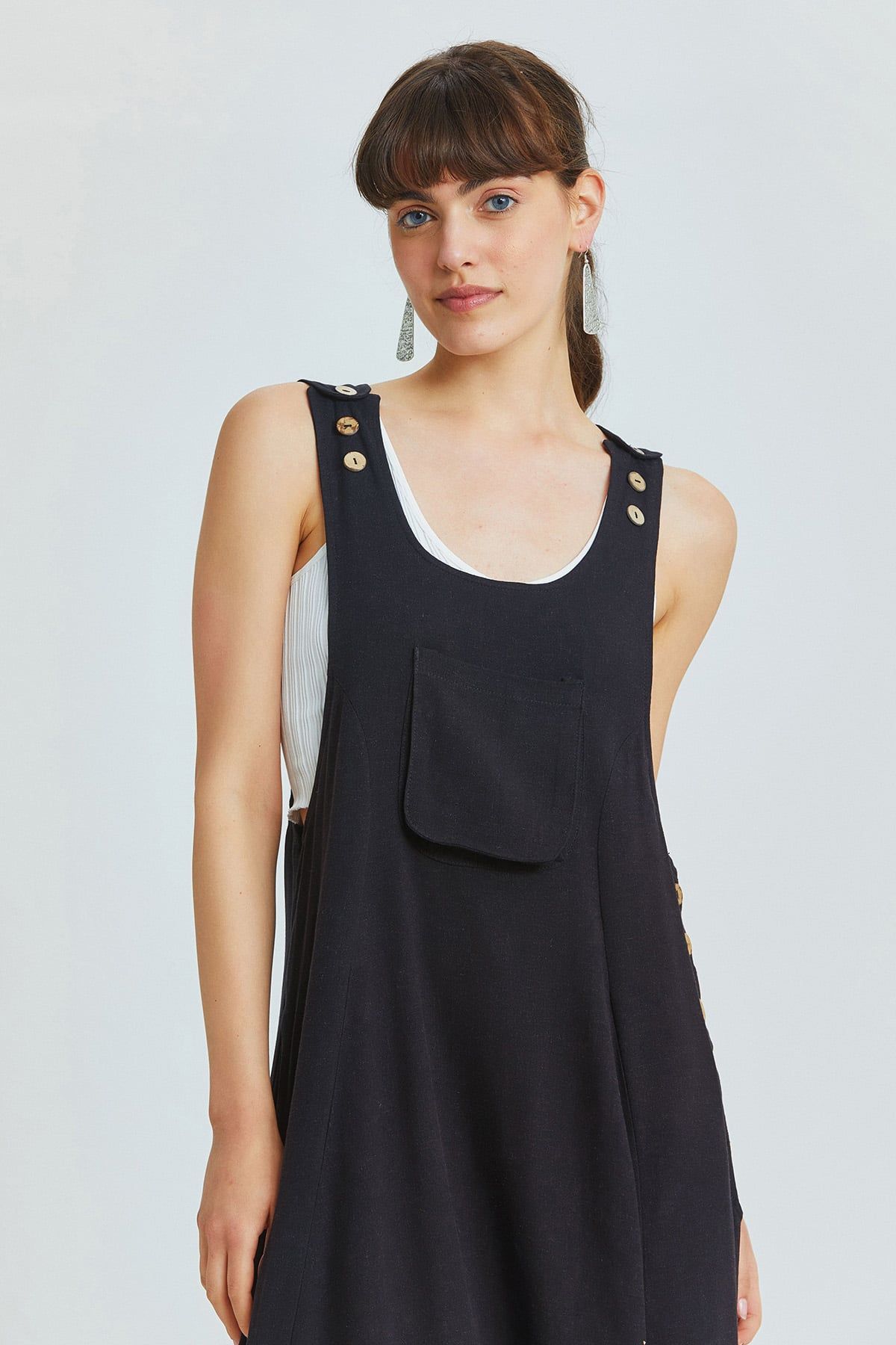 Black Viscose-Linen Bohemian Harem Jumpsuit with Shoulder Buttons