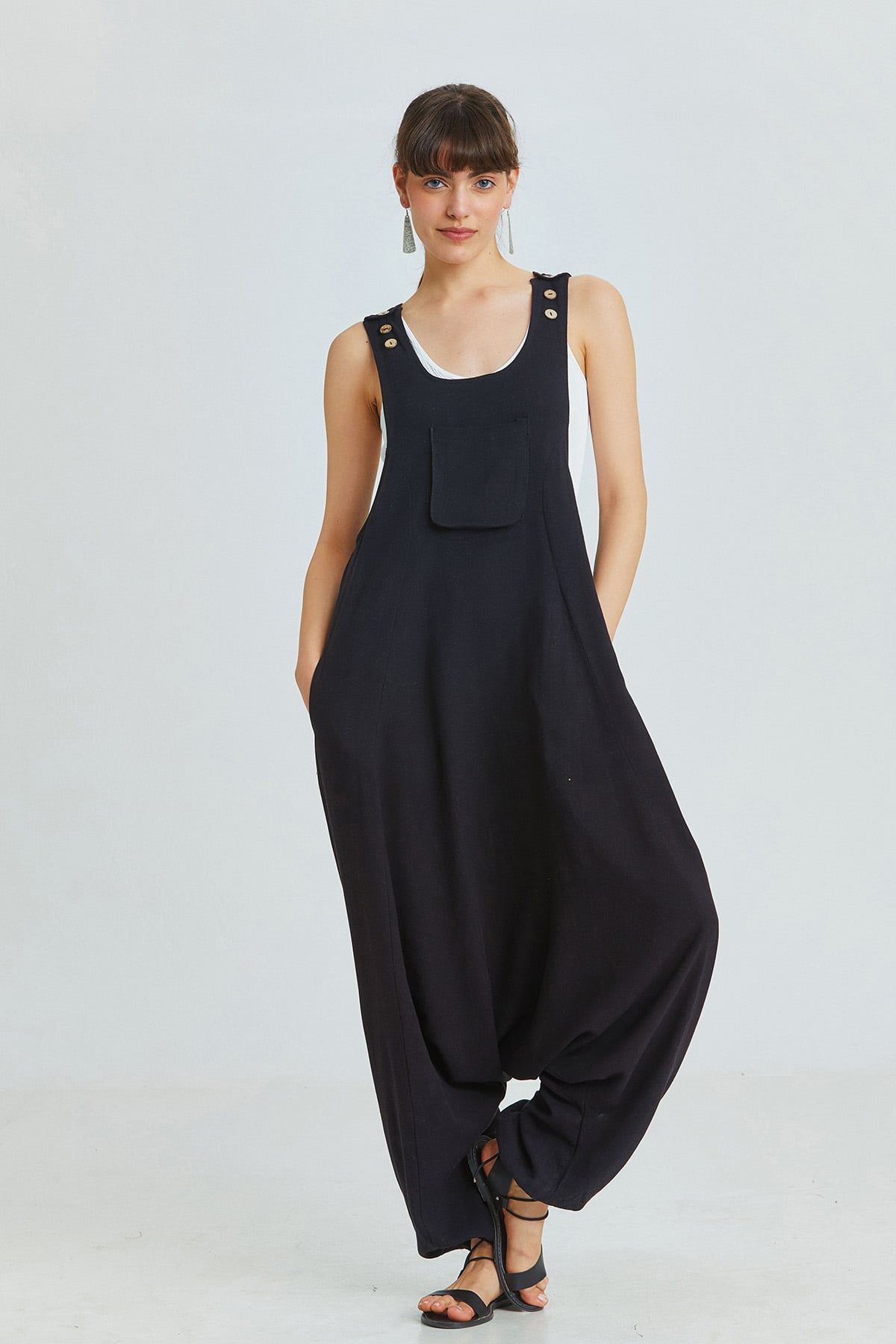 Black Viscose-Linen Bohemian Harem Jumpsuit with Shoulder Buttons