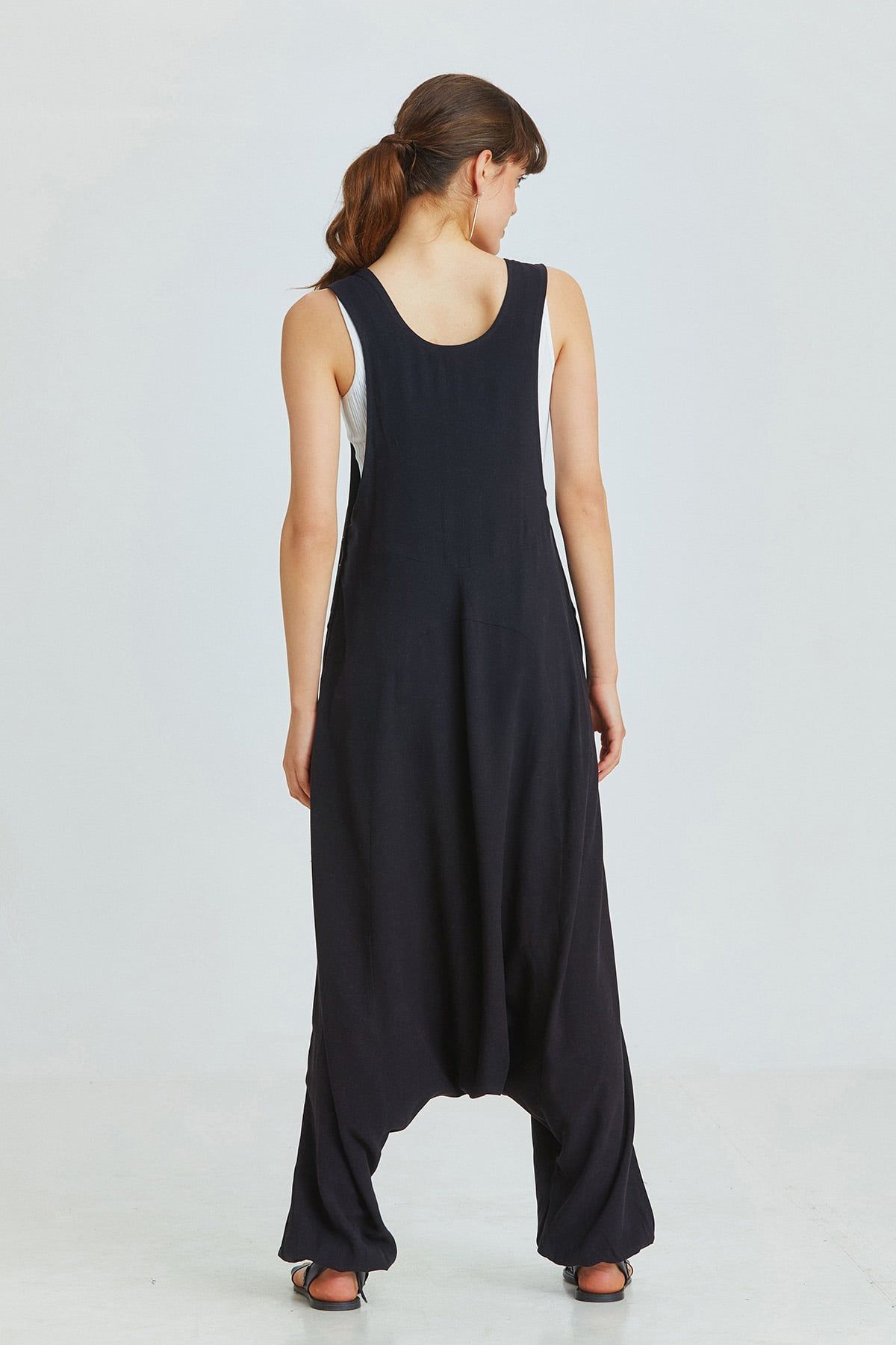 Black Viscose-Linen Bohemian Harem Jumpsuit with Shoulder Buttons