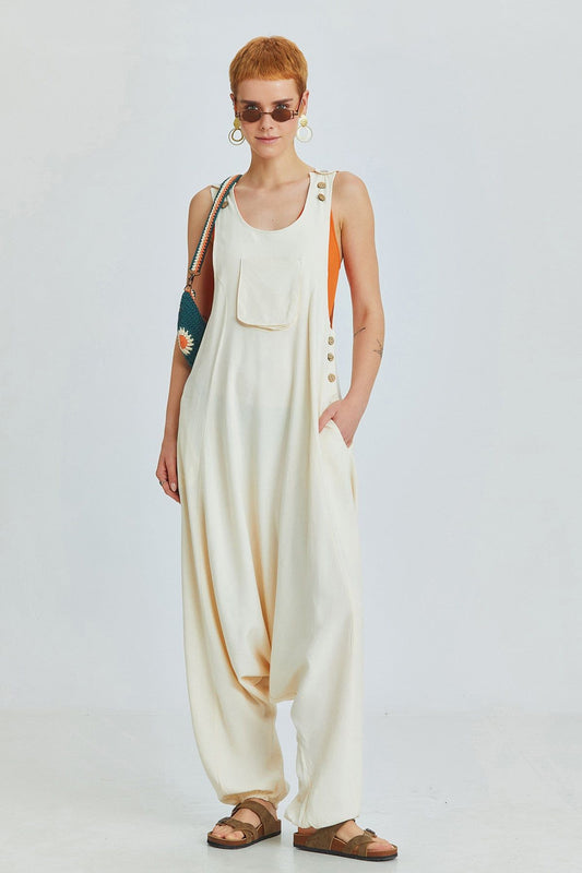 Beige Viscose-Linen Bohemian Harem Jumpsuit with Shoulder Buttons