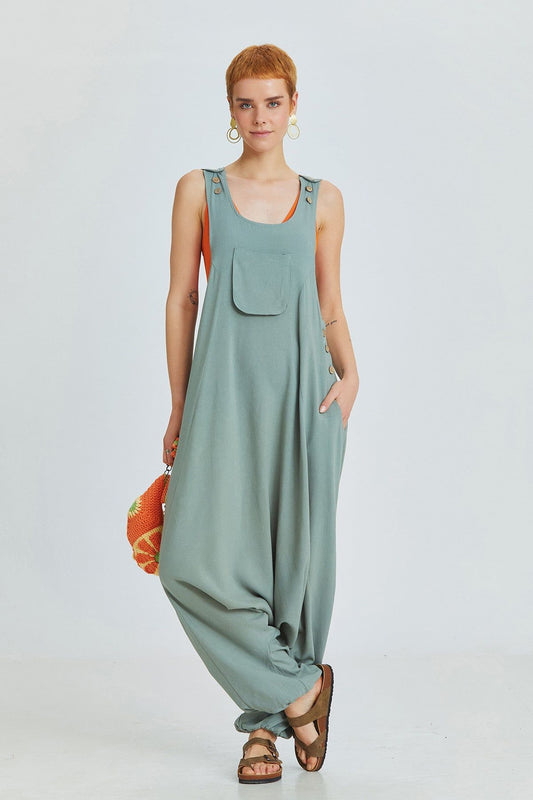 Pistachio Green Viscose-Linen Bohemian Harem Jumpsuit with Shoulder Buttons