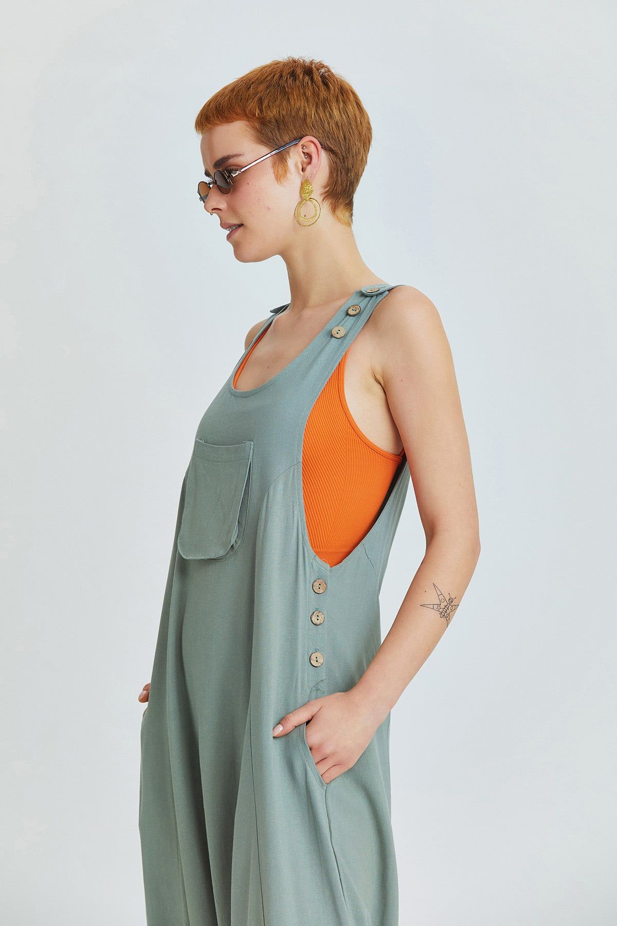 Pistachio Green Viscose-Linen Bohemian Harem Jumpsuit with Shoulder Buttons