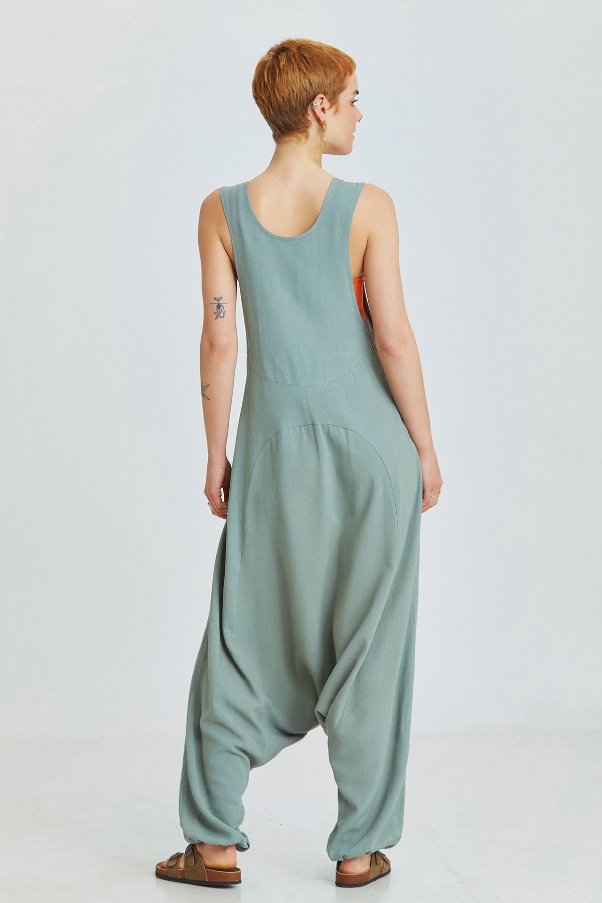 Pistachio Green Viscose-Linen Bohemian Harem Jumpsuit with Shoulder Buttons