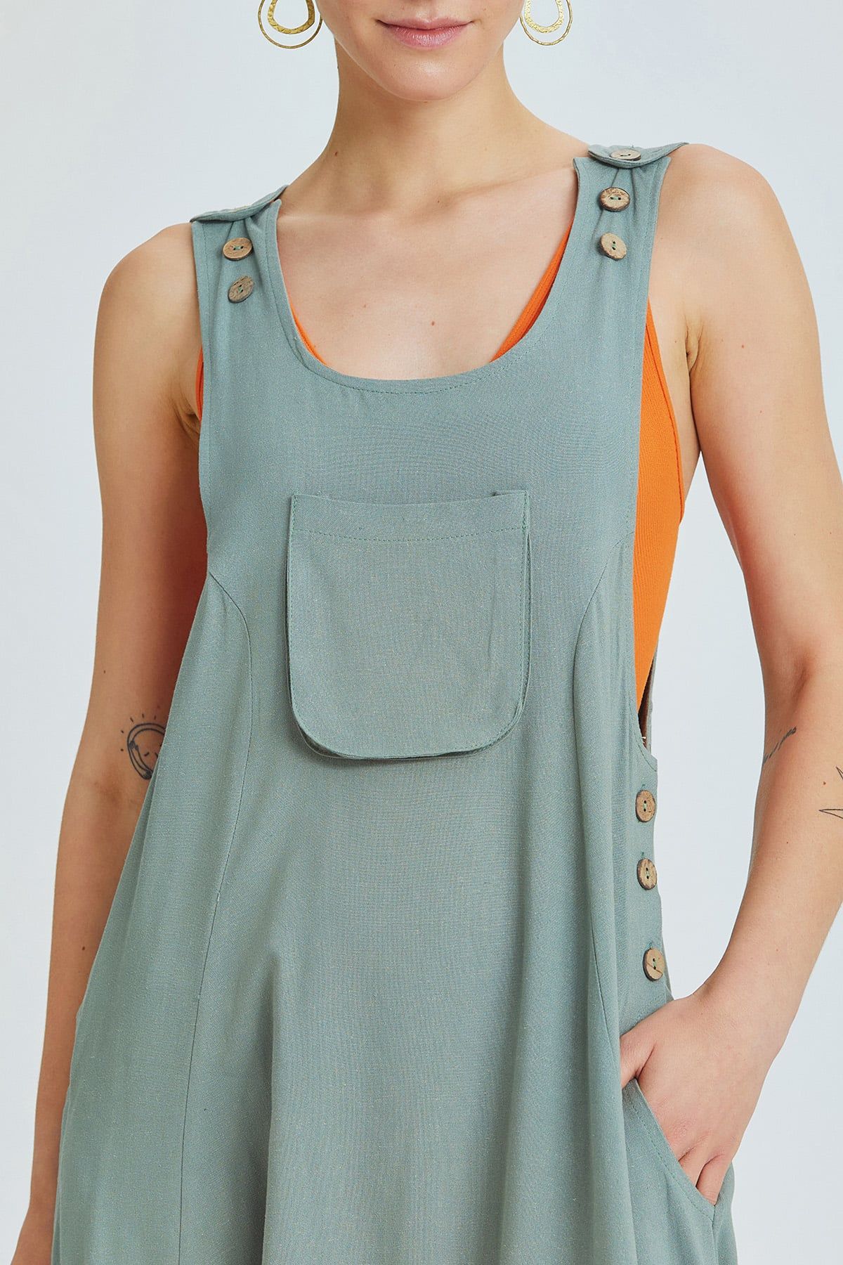 Pistachio Green Viscose-Linen Bohemian Harem Jumpsuit with Shoulder Buttons