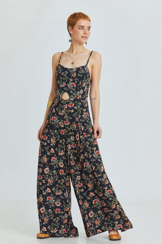 Black Floral Bohemian Jumpsuit with Cut Out Detail