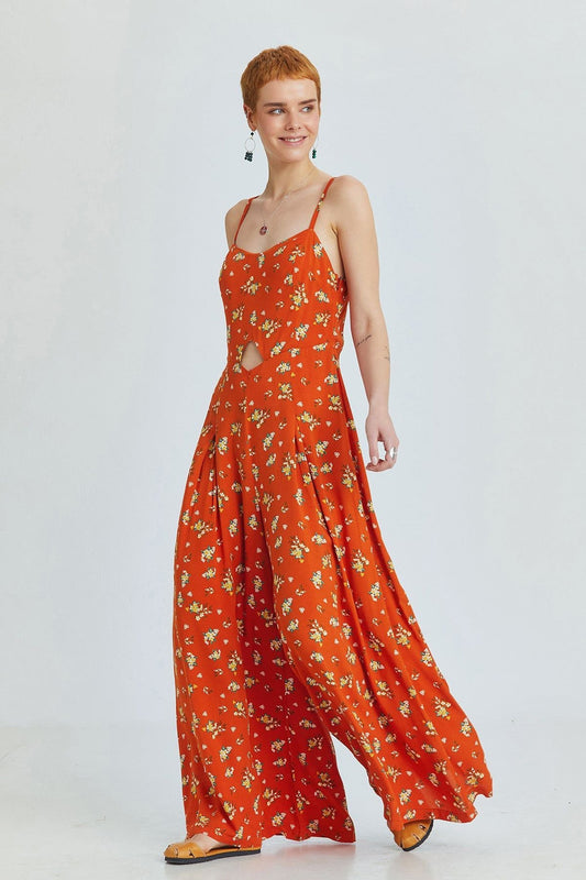 Orange Floral Bohemian Jumpsuit with Cut Out Detail