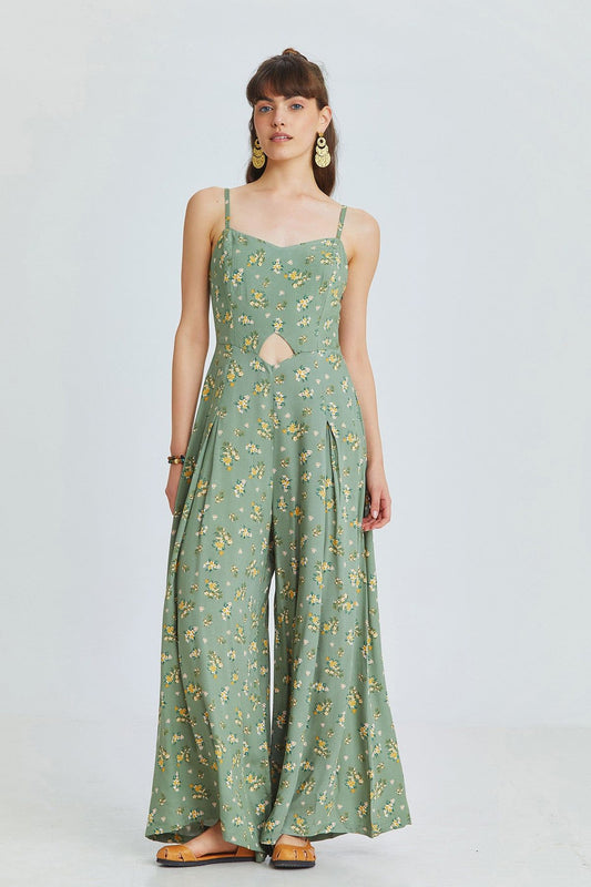 Pistachio Green Floral Bohemian Jumpsuit with Cut Out Detail