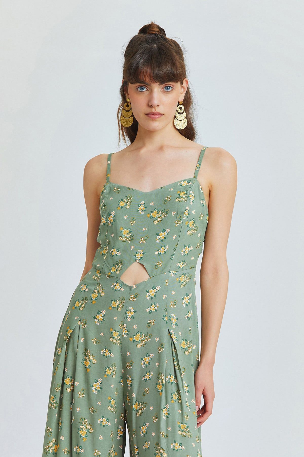 Pistachio Green Floral Bohemian Jumpsuit with Cut Out Detail