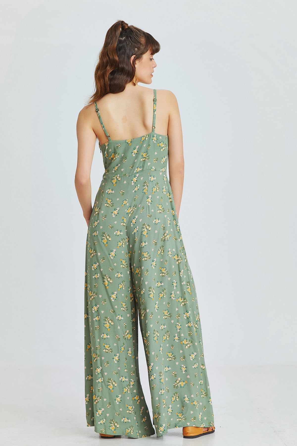 Pistachio Green Floral Bohemian Jumpsuit with Cut Out Detail