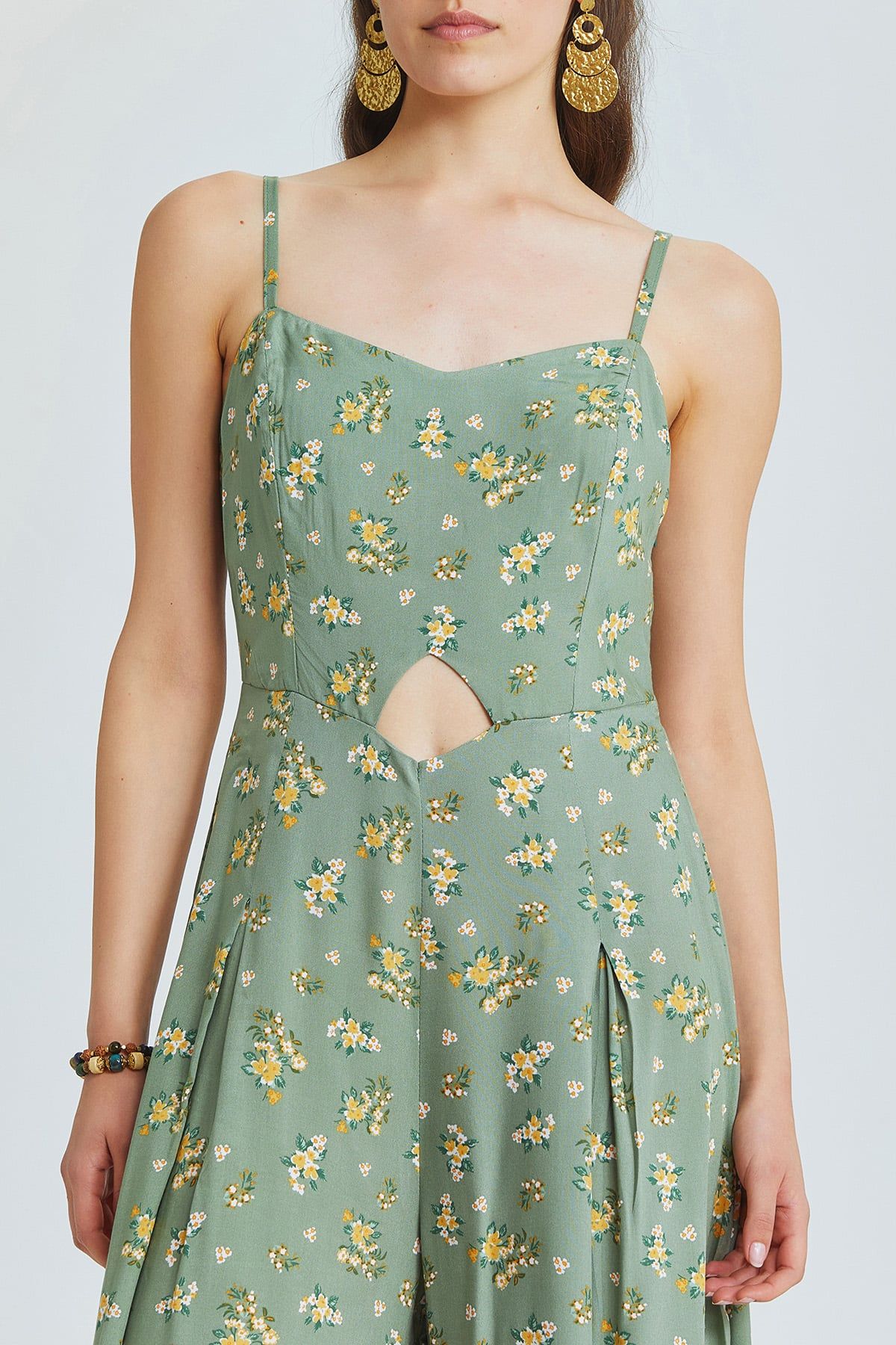 Pistachio Green Floral Bohemian Jumpsuit with Cut Out Detail