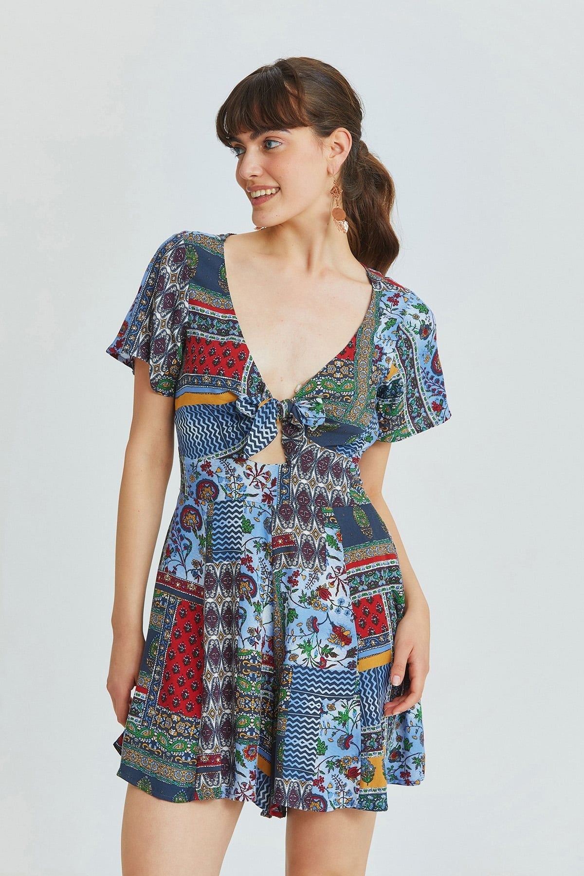 Blue Patch Ethnic Print Short Jumpsuit with V-Neck and Tie Front