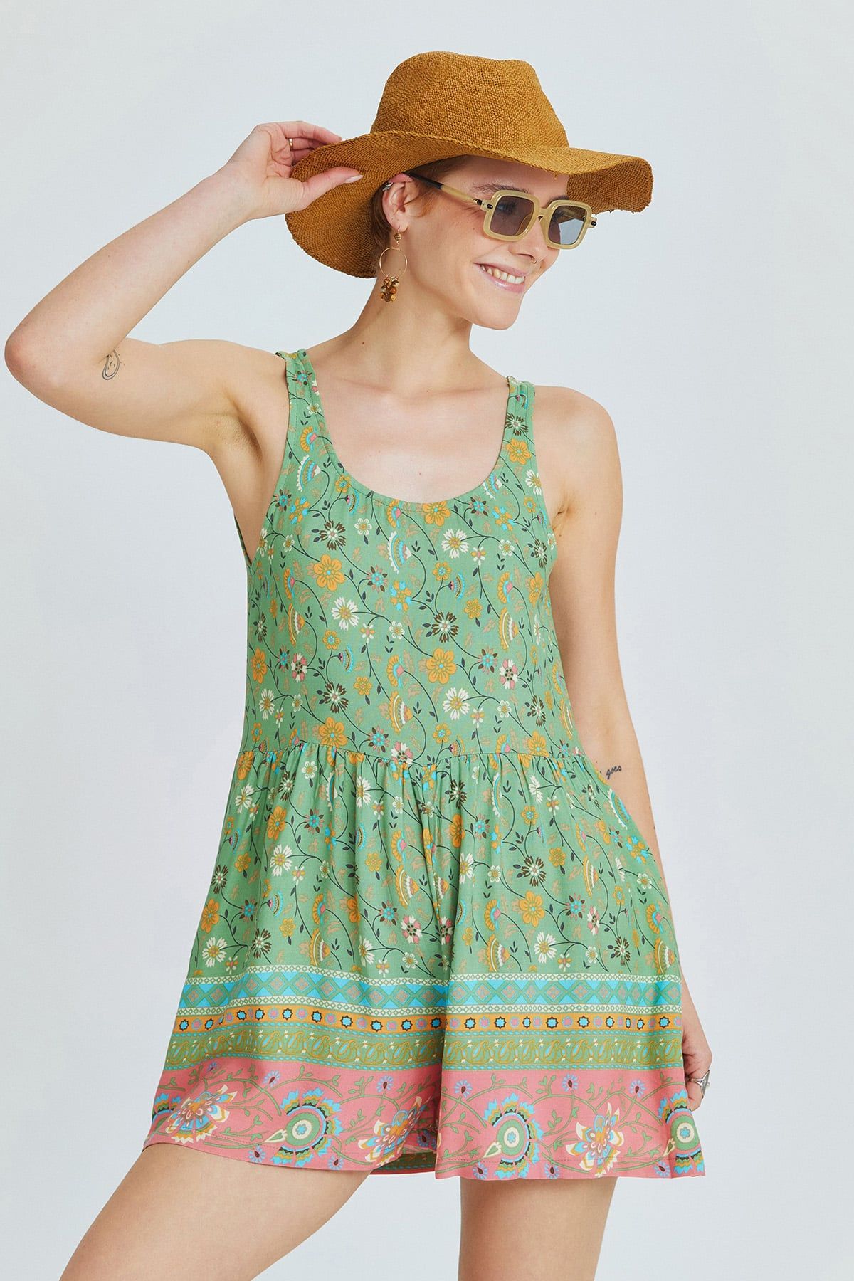 Green Floral Viscose Short Bohemian Jumpsuit