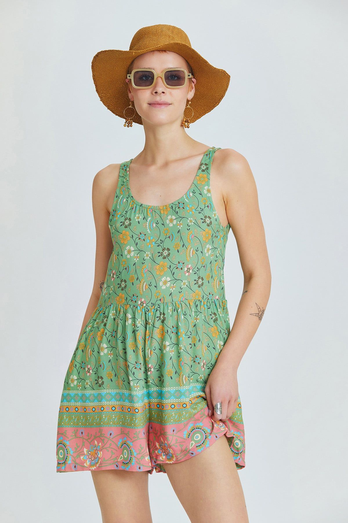 Green Floral Viscose Short Bohemian Jumpsuit