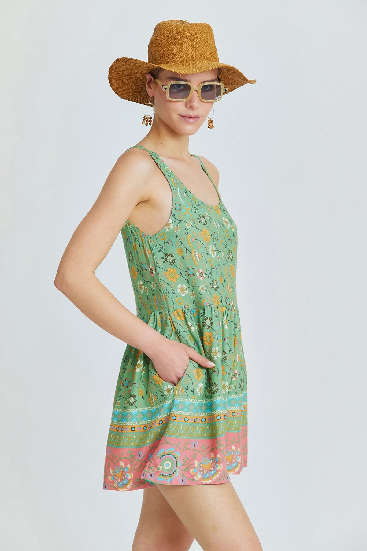 Green Floral Viscose Short Bohemian Jumpsuit