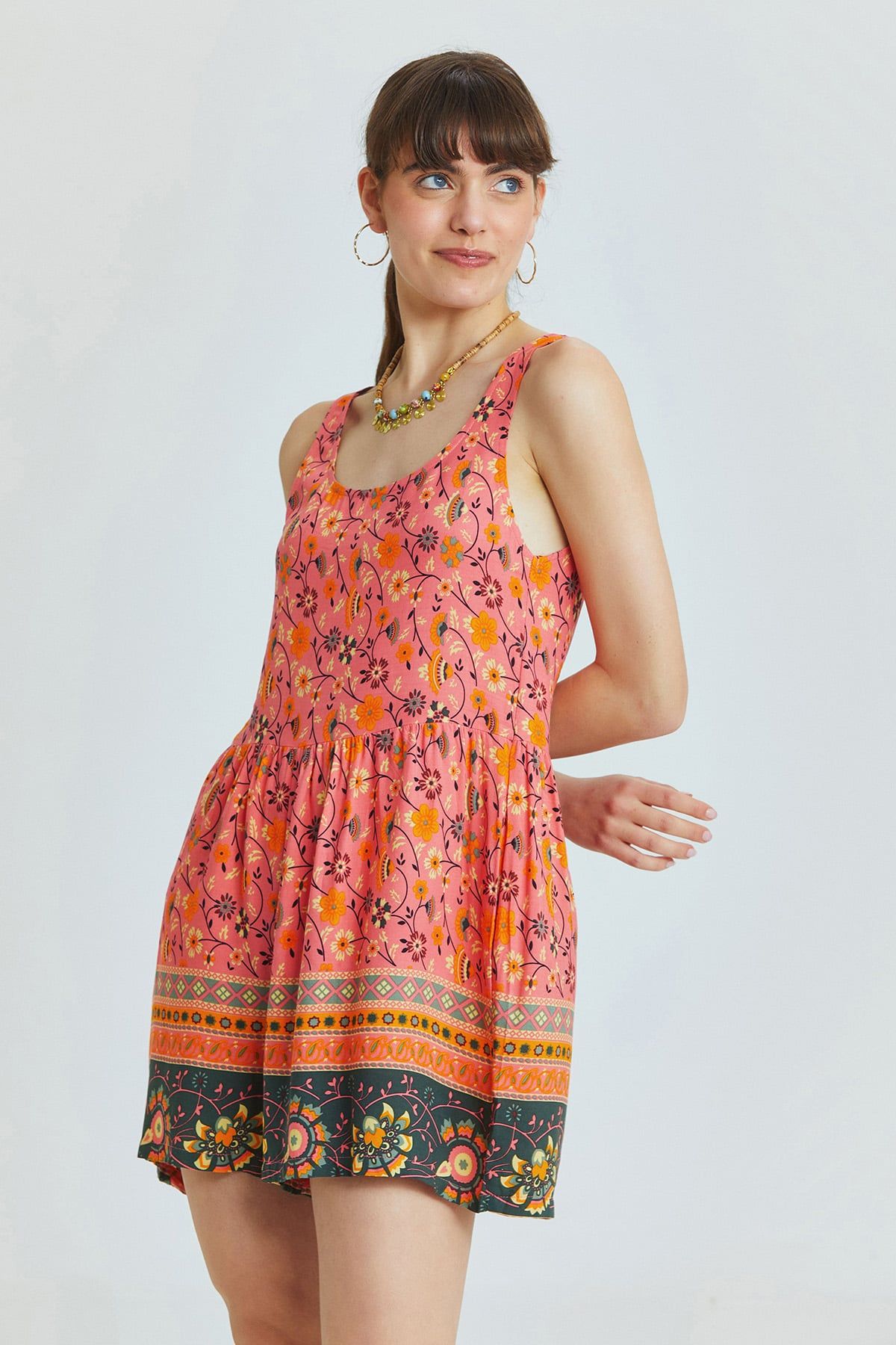 Pink Floral Viscose Short Bohemian Jumpsuit