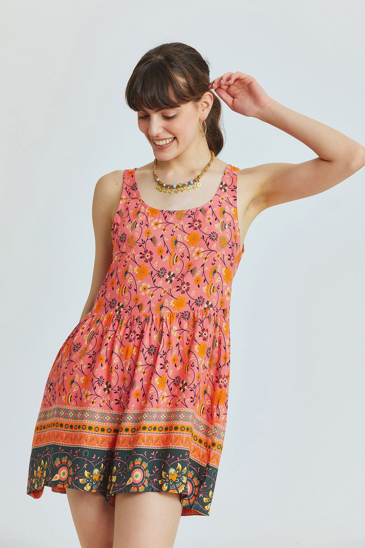 Pink Floral Viscose Short Bohemian Jumpsuit