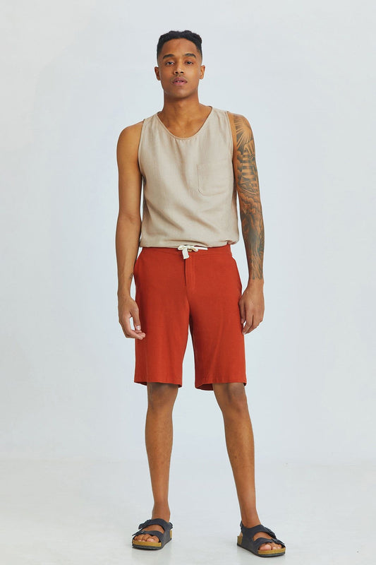 Burnt Orange Viscose-Linen Men's Shorts with Coconut Button