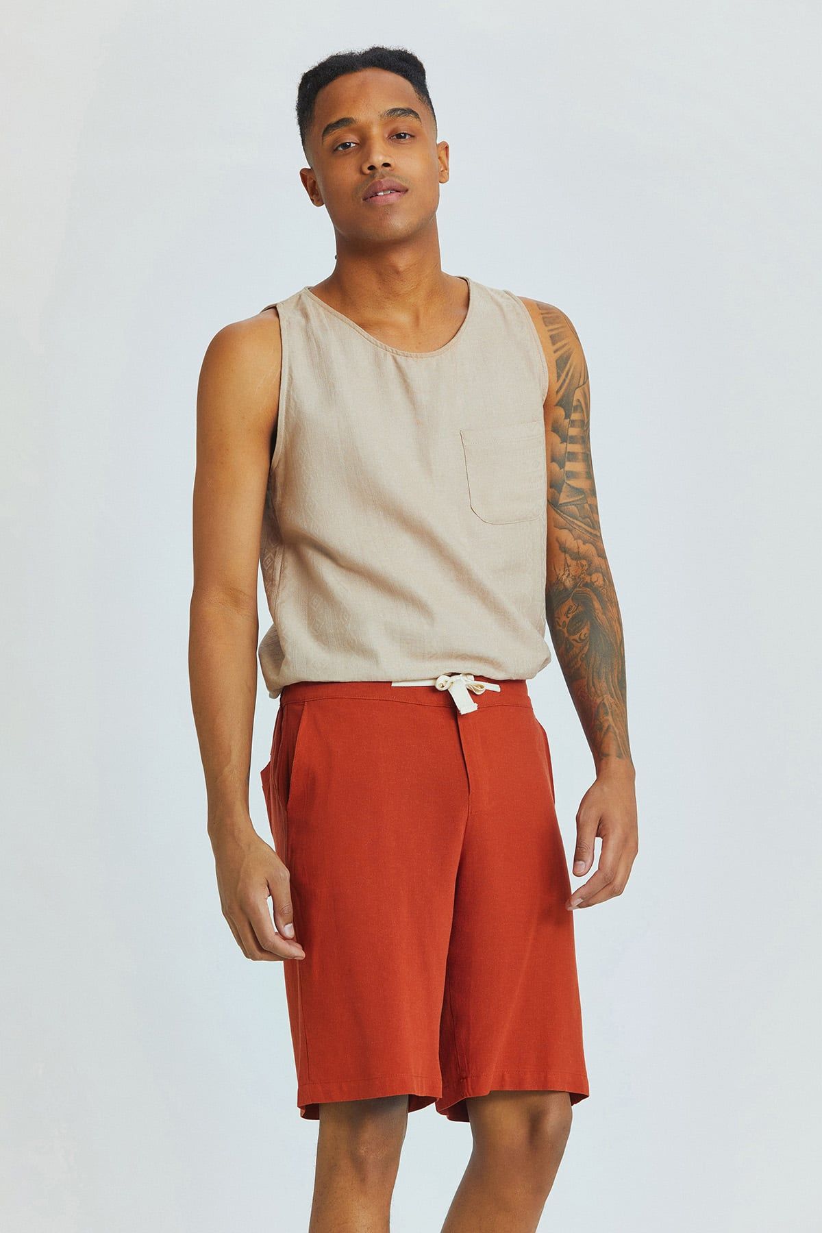 Burnt Orange Viscose-Linen Men's Shorts with Coconut Button