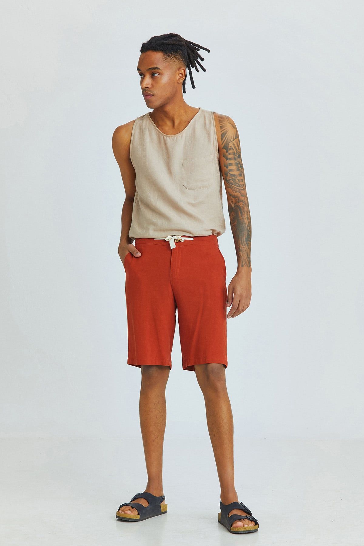 Burnt Orange Viscose-Linen Men's Shorts with Coconut Button