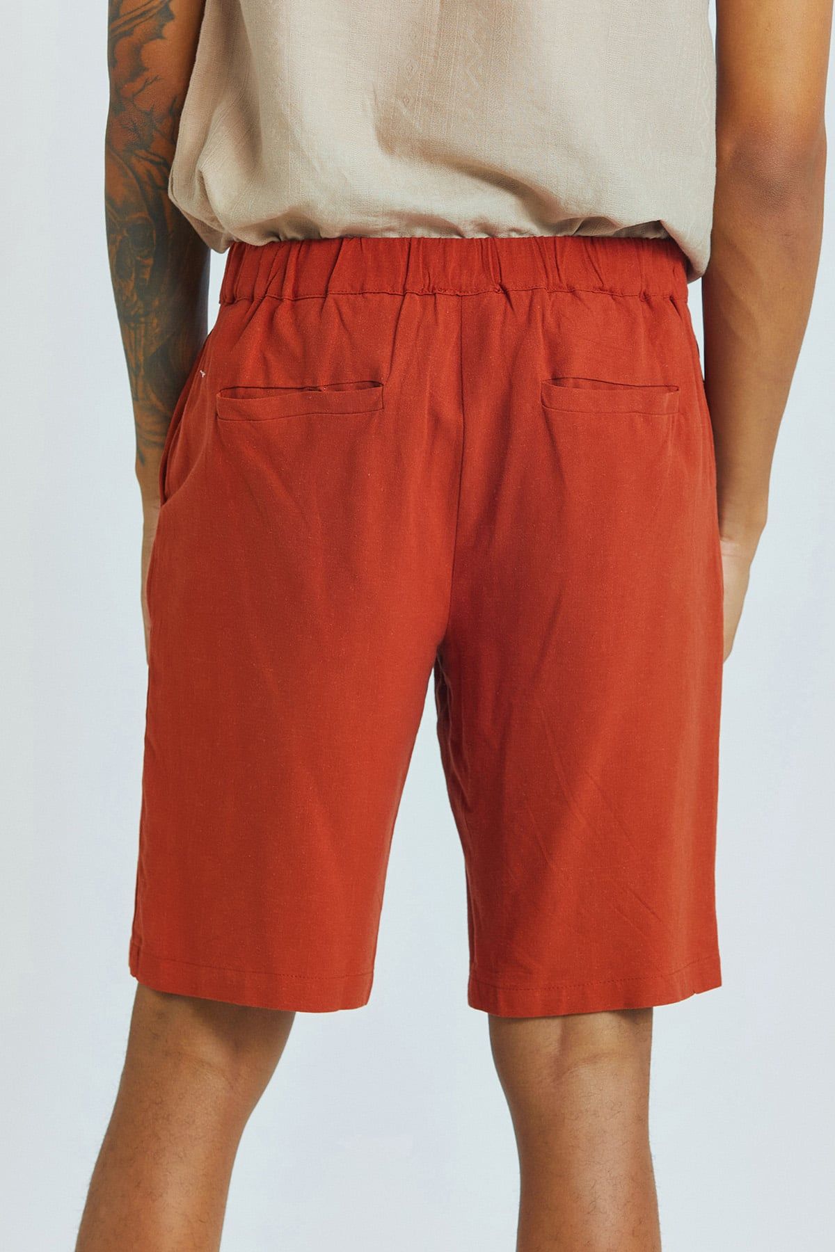 Burnt Orange Viscose-Linen Men's Shorts with Coconut Button