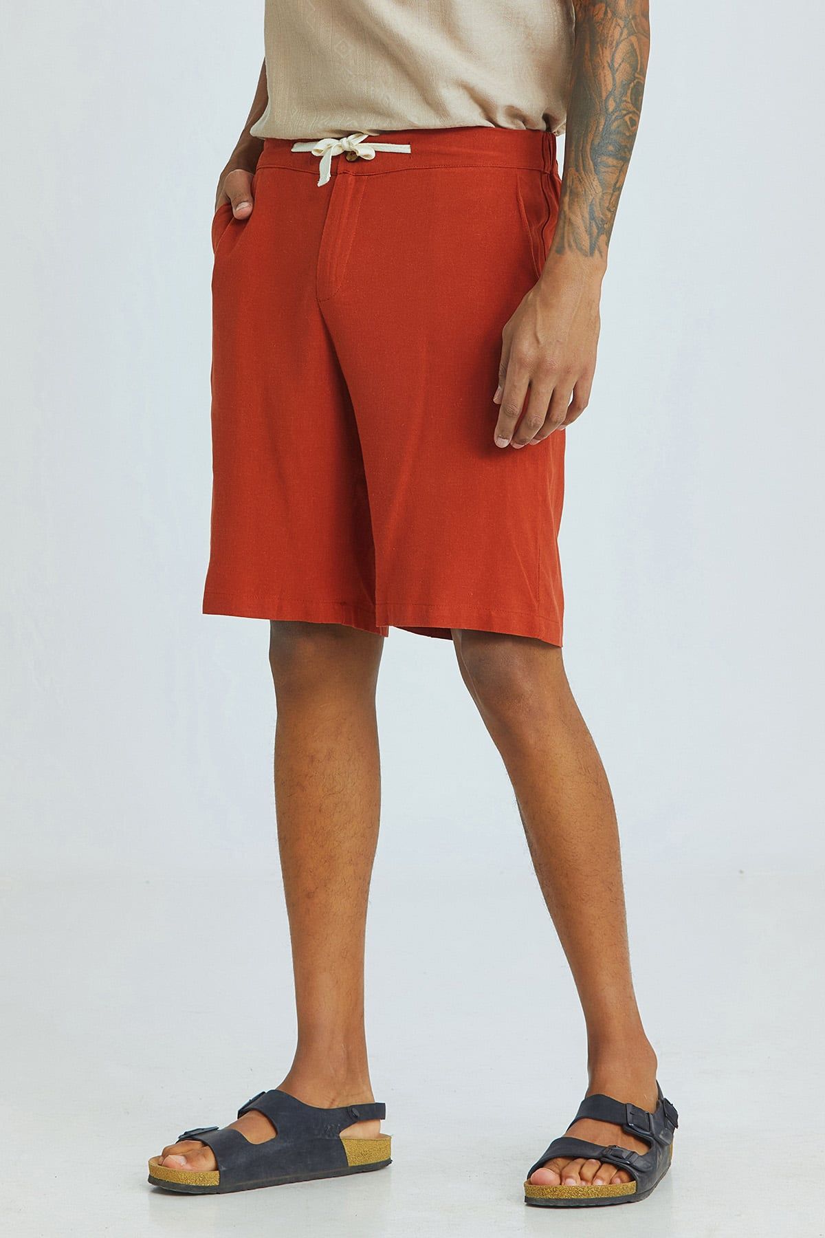 Burnt Orange Viscose-Linen Men's Shorts with Coconut Button