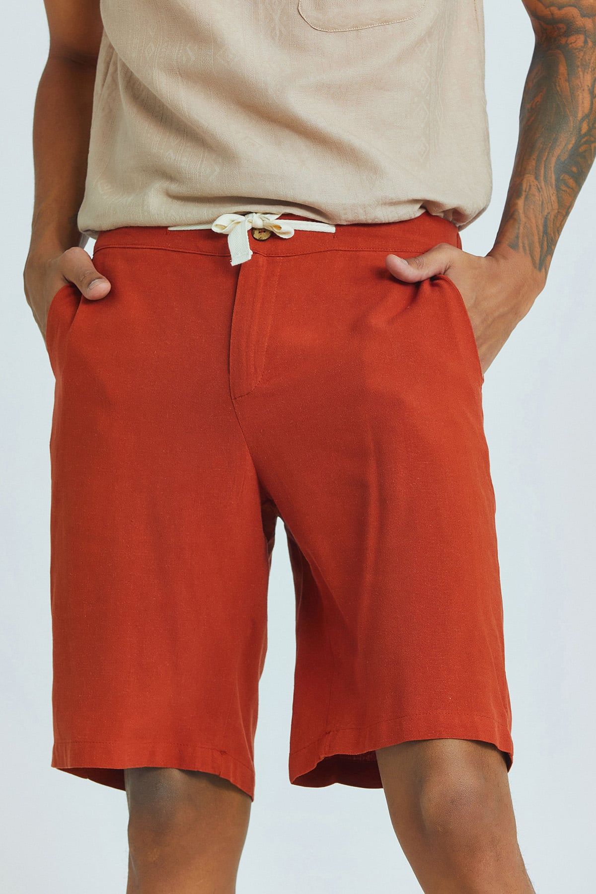 Burnt Orange Viscose-Linen Men's Shorts with Coconut Button