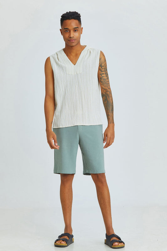 Pistachio Green Viscose-Linen Men's Shorts with Coconut Button
