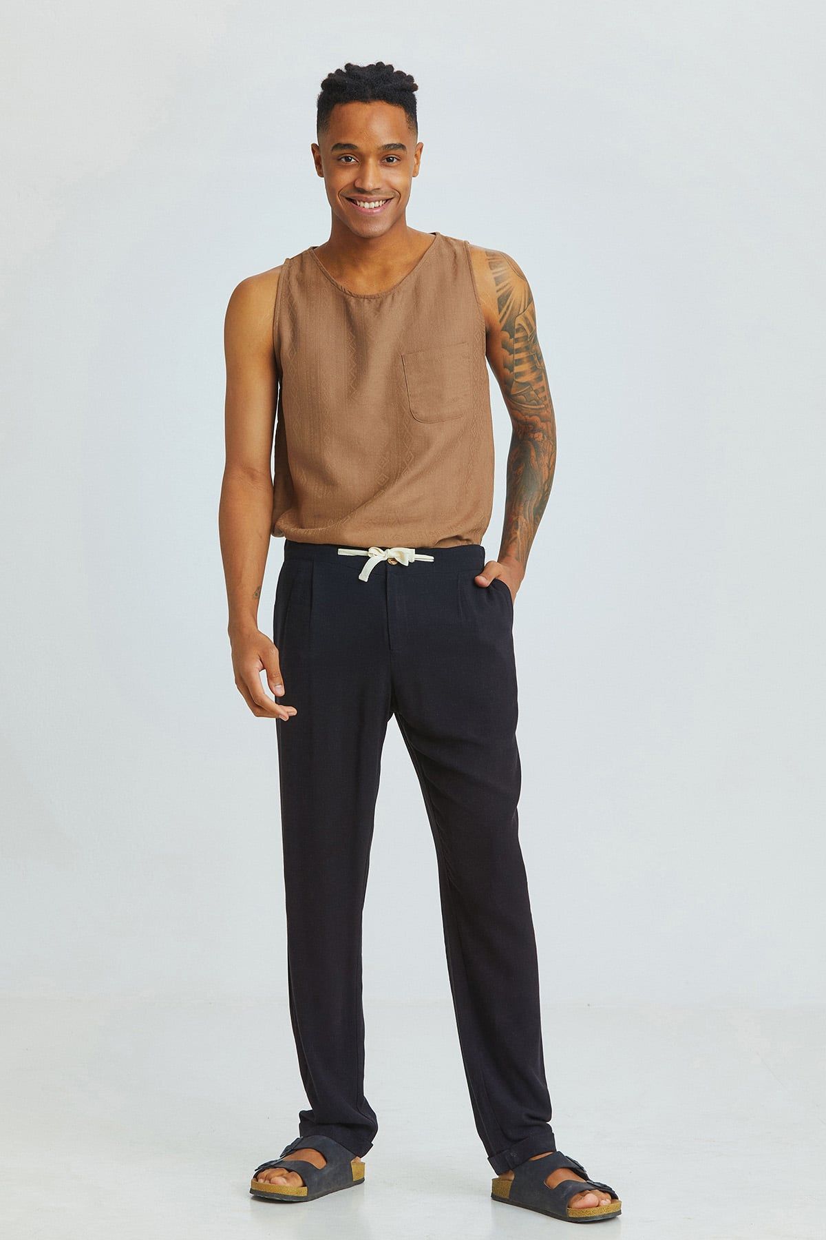 Black Cuffed Men's Trousers with Adjustable Waist