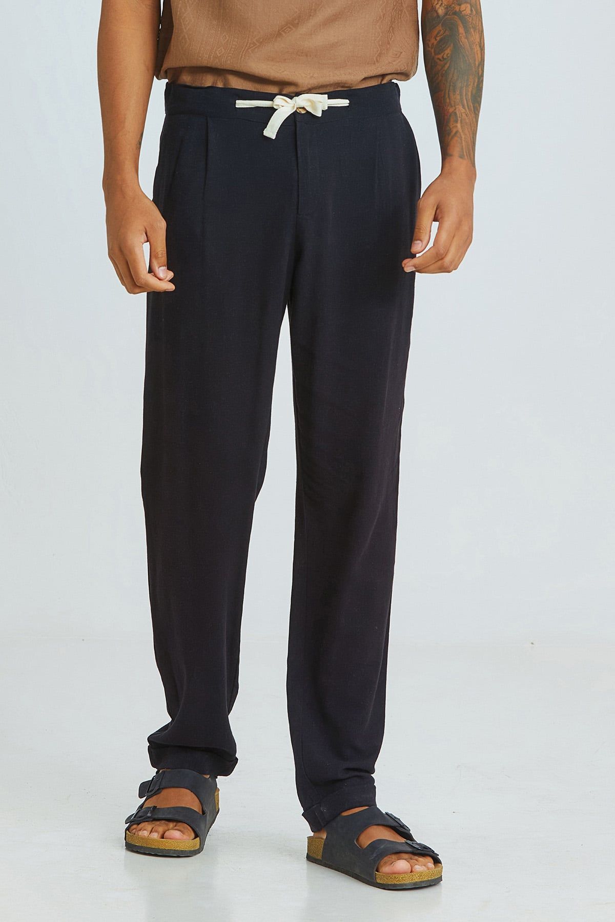 Black Cuffed Men's Trousers with Adjustable Waist