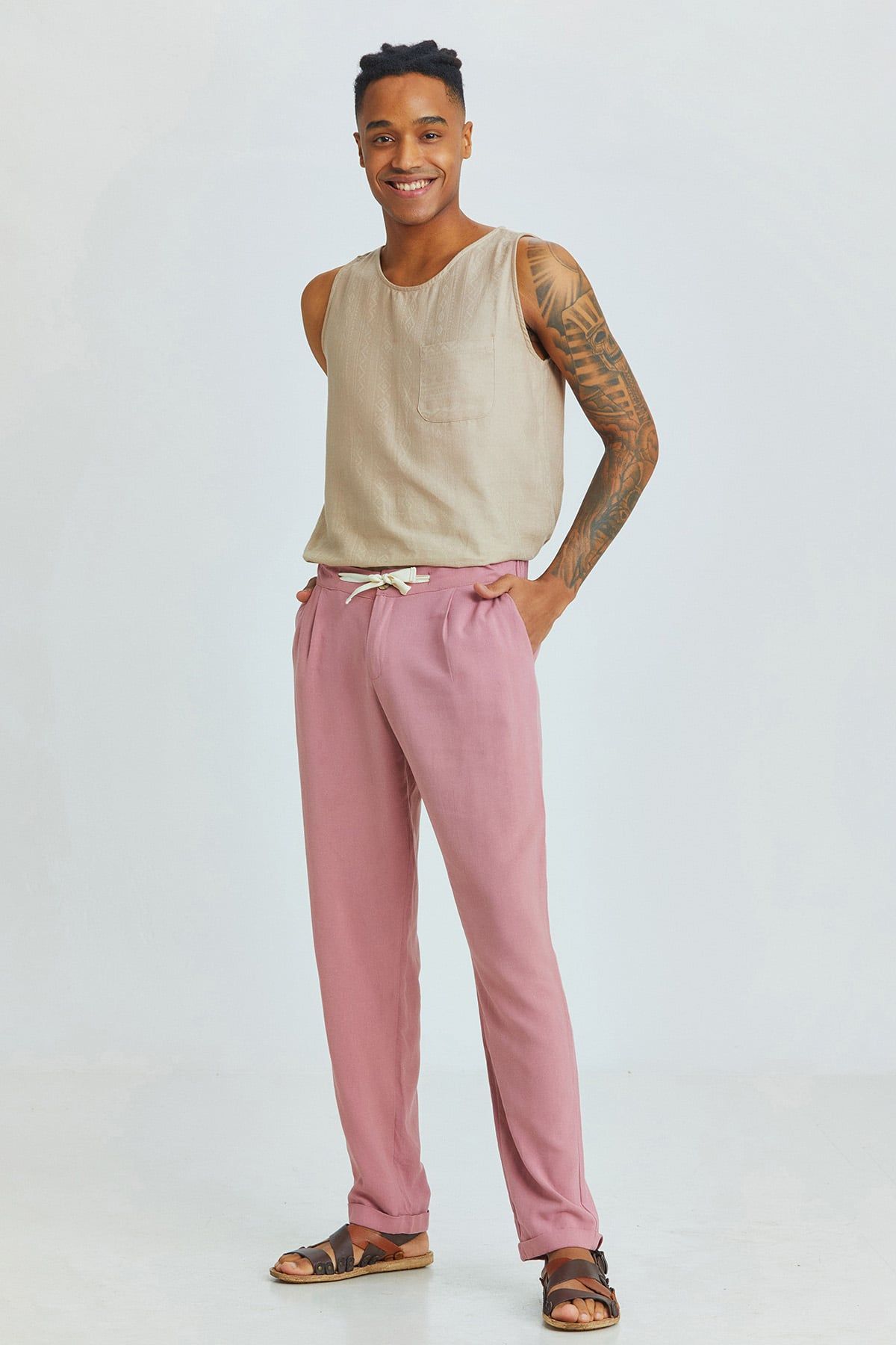 Dusty Rose Cuffed Men's Trousers with Adjustable Waist