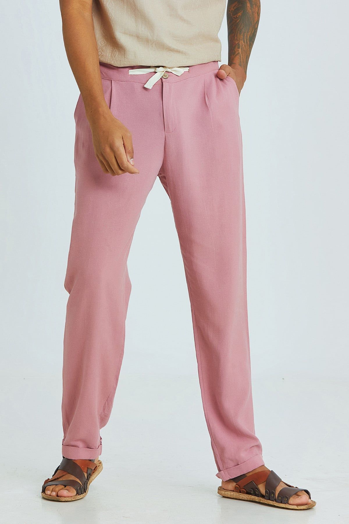 Dusty Rose Cuffed Men's Trousers with Adjustable Waist