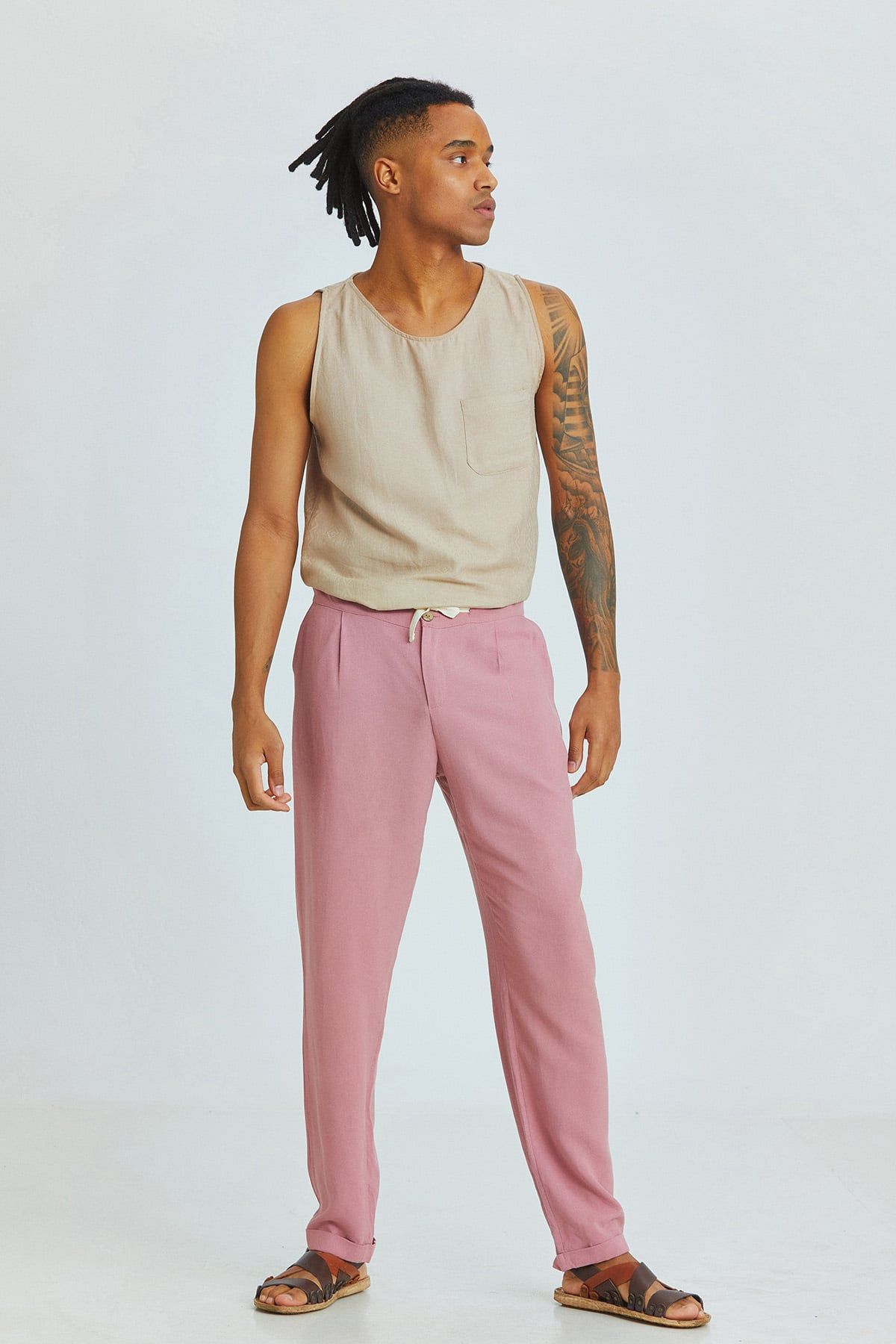 Dusty Rose Cuffed Men's Trousers with Adjustable Waist