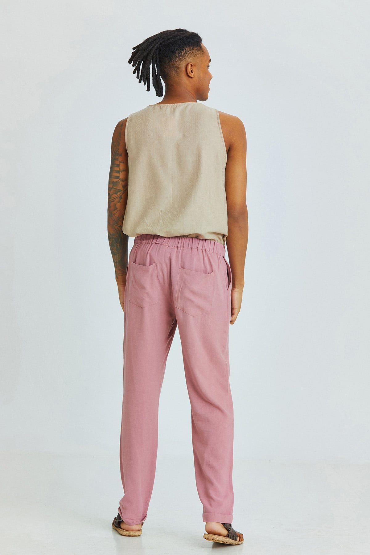 Dusty Rose Cuffed Men's Trousers with Adjustable Waist