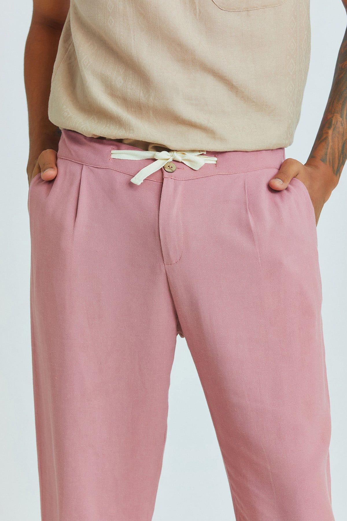 Dusty Rose Cuffed Men's Trousers with Adjustable Waist