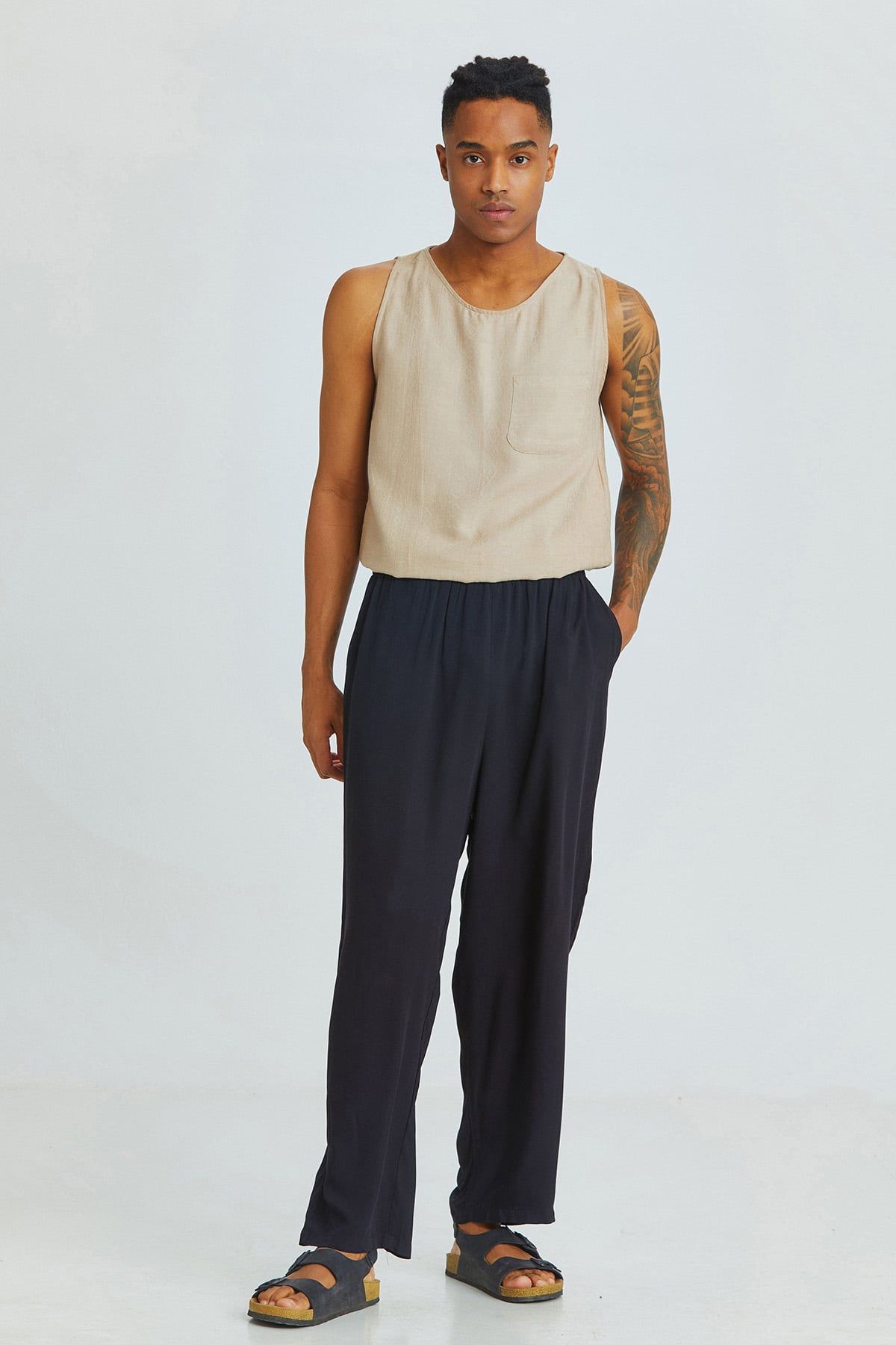 Black Relaxed Fit Viscose Men's Trousers with Front Pockets